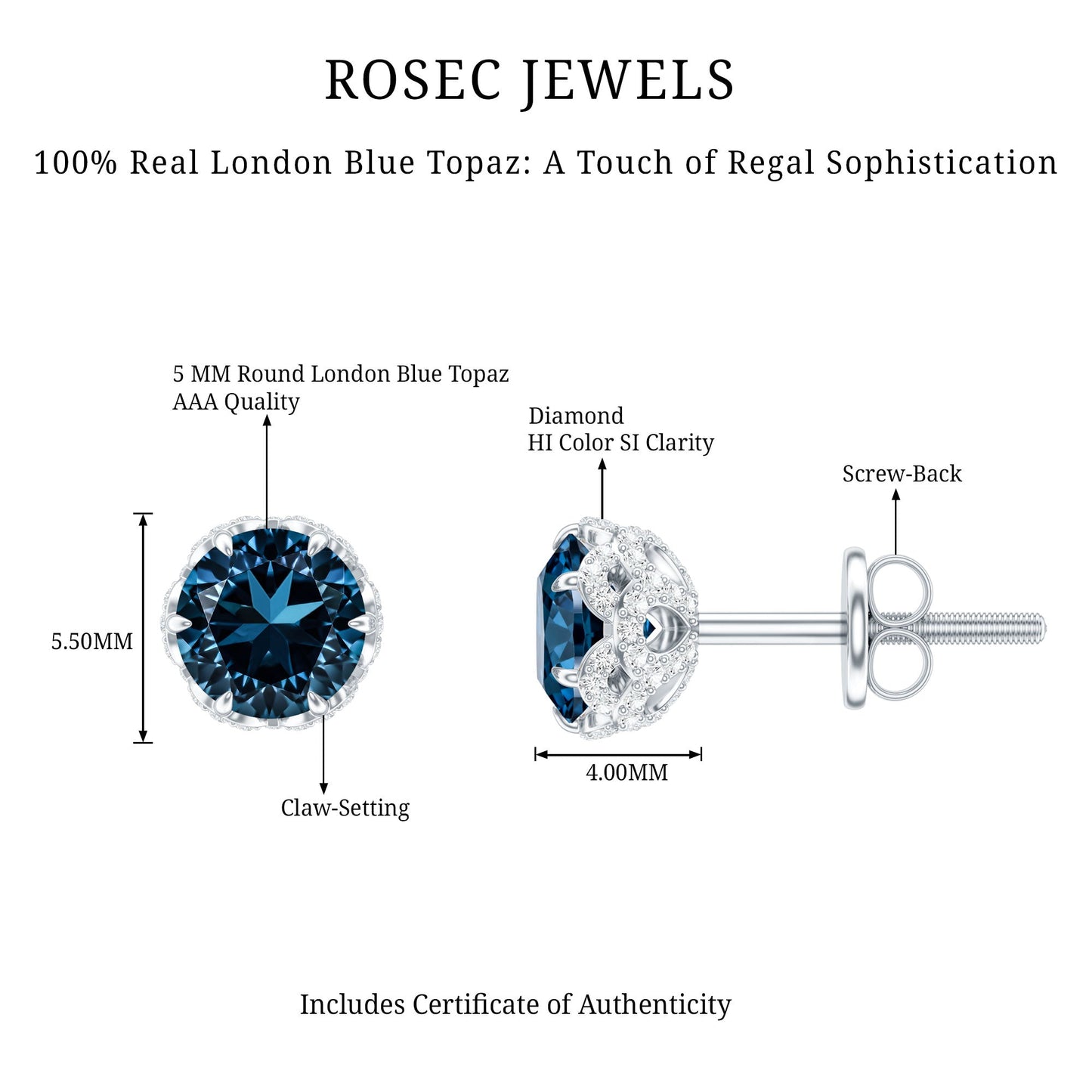 Designer London Blue Topaz Stud Earrings with Diamond