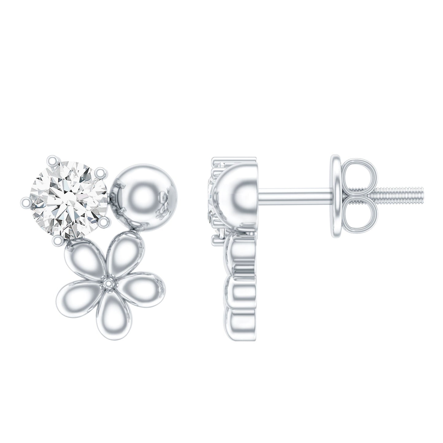Round Cut Moissanite Flower Stud Earrings with Screw Backs