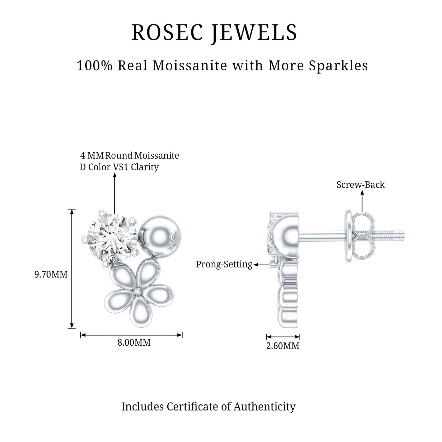 Round Cut Moissanite Flower Stud Earrings with Screw Backs