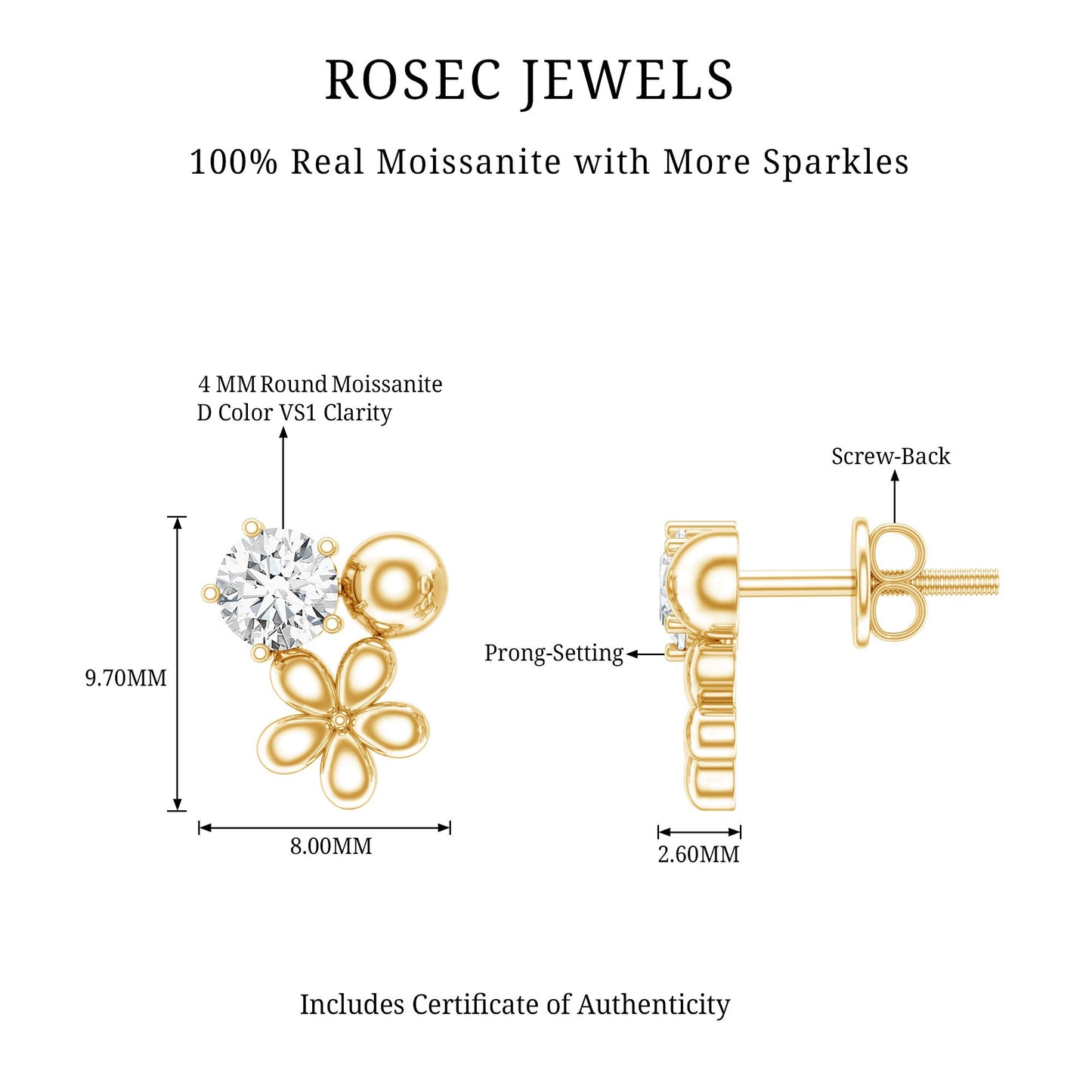 Round Cut Moissanite Flower Stud Earrings with Screw Backs