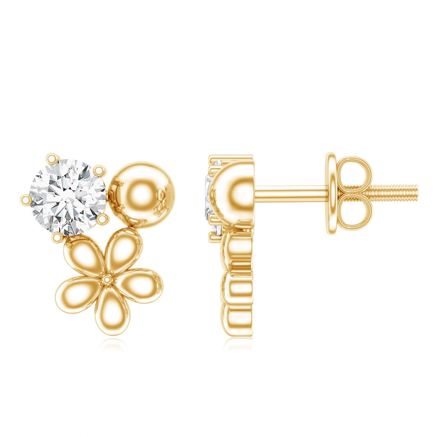 Round Cut Moissanite Flower Stud Earrings with Screw Backs