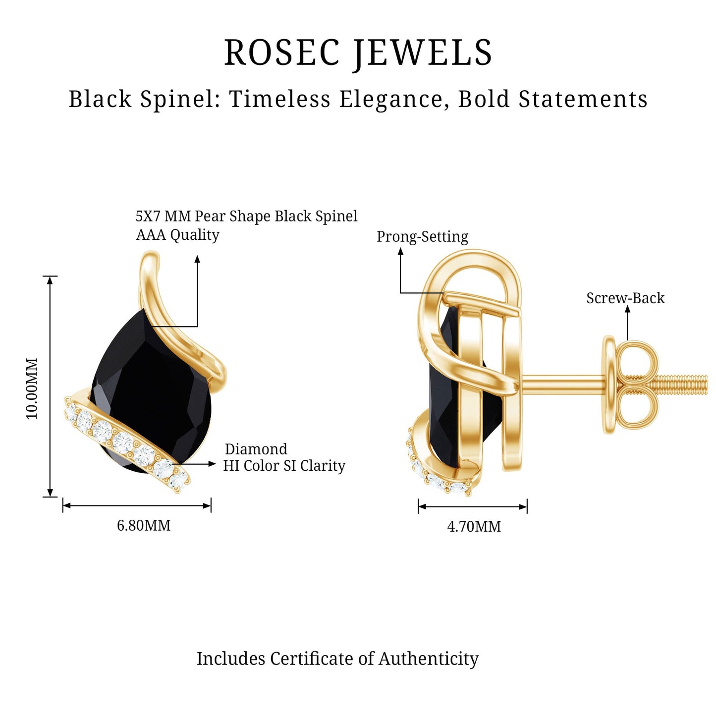 1.2 Carat Natural Black Spinel Teardrop Stud Earrings with Diamond