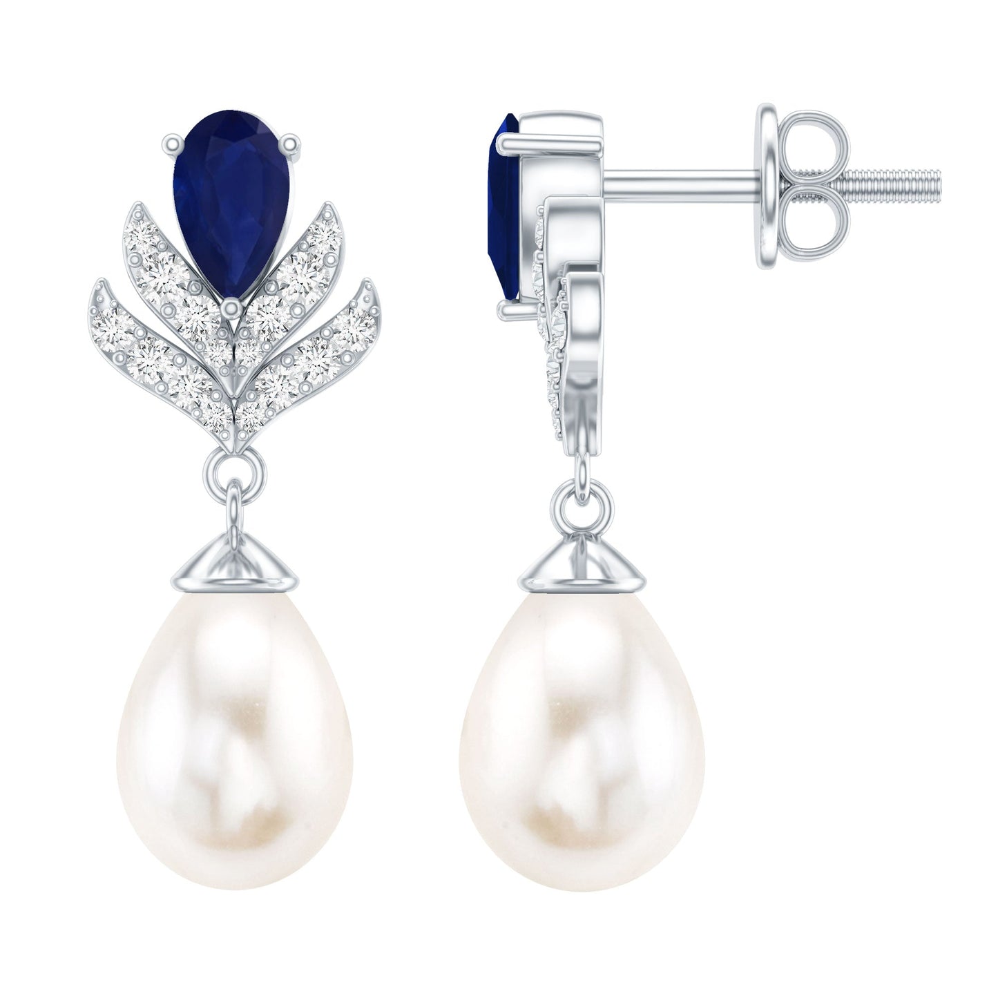 Freshwater Pearl and Blue Sapphire Teardrop Earrings with Moissanite