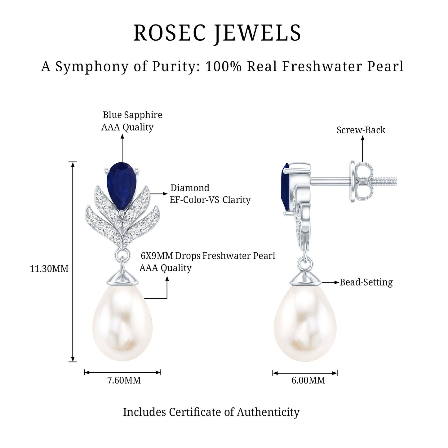 Freshwater Pearl and Blue Sapphire Teardrop Earrings with Moissanite