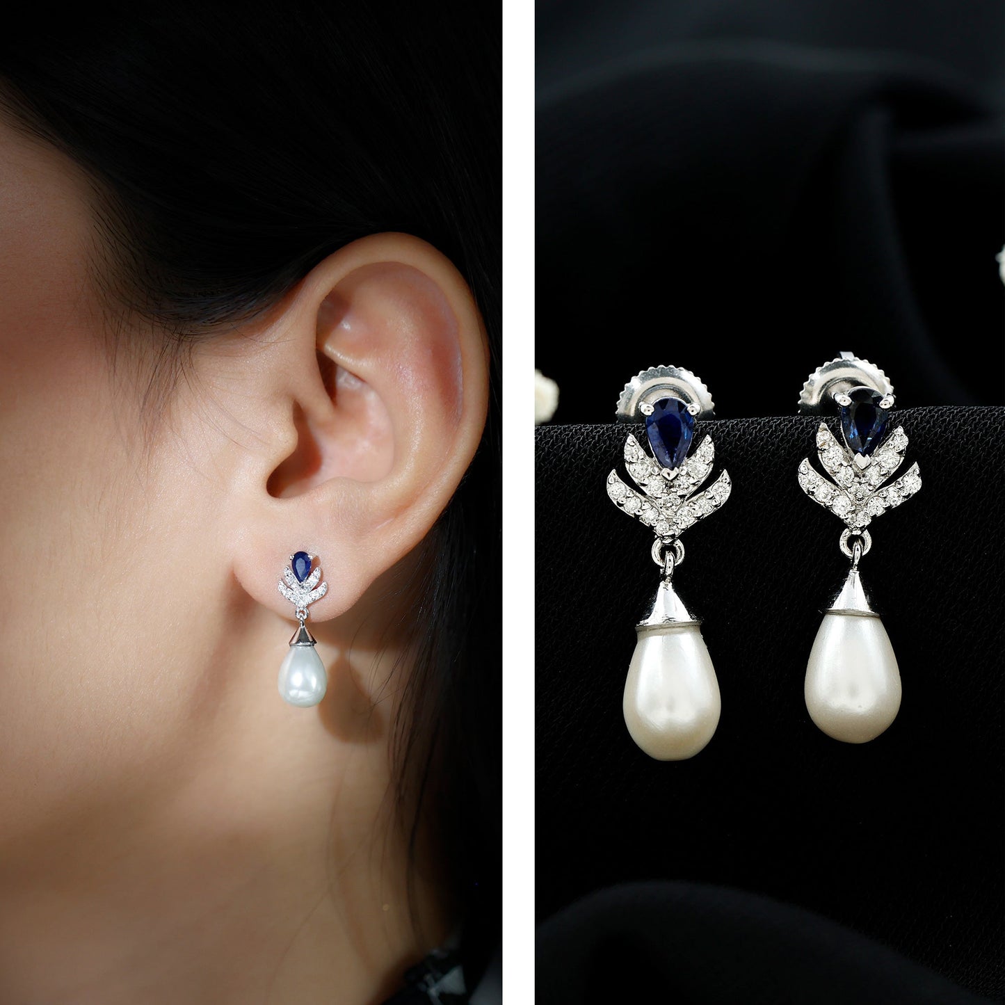 Freshwater Pearl and Blue Sapphire Teardrop Earrings with Moissanite