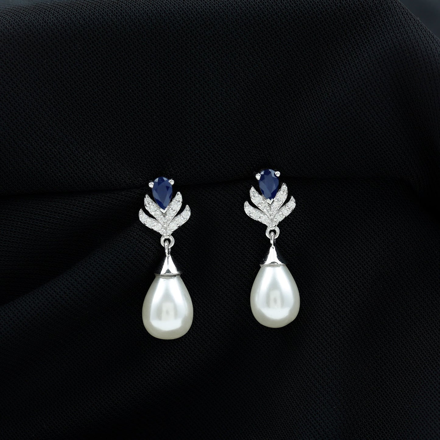 Freshwater Pearl and Blue Sapphire Teardrop Earrings with Moissanite