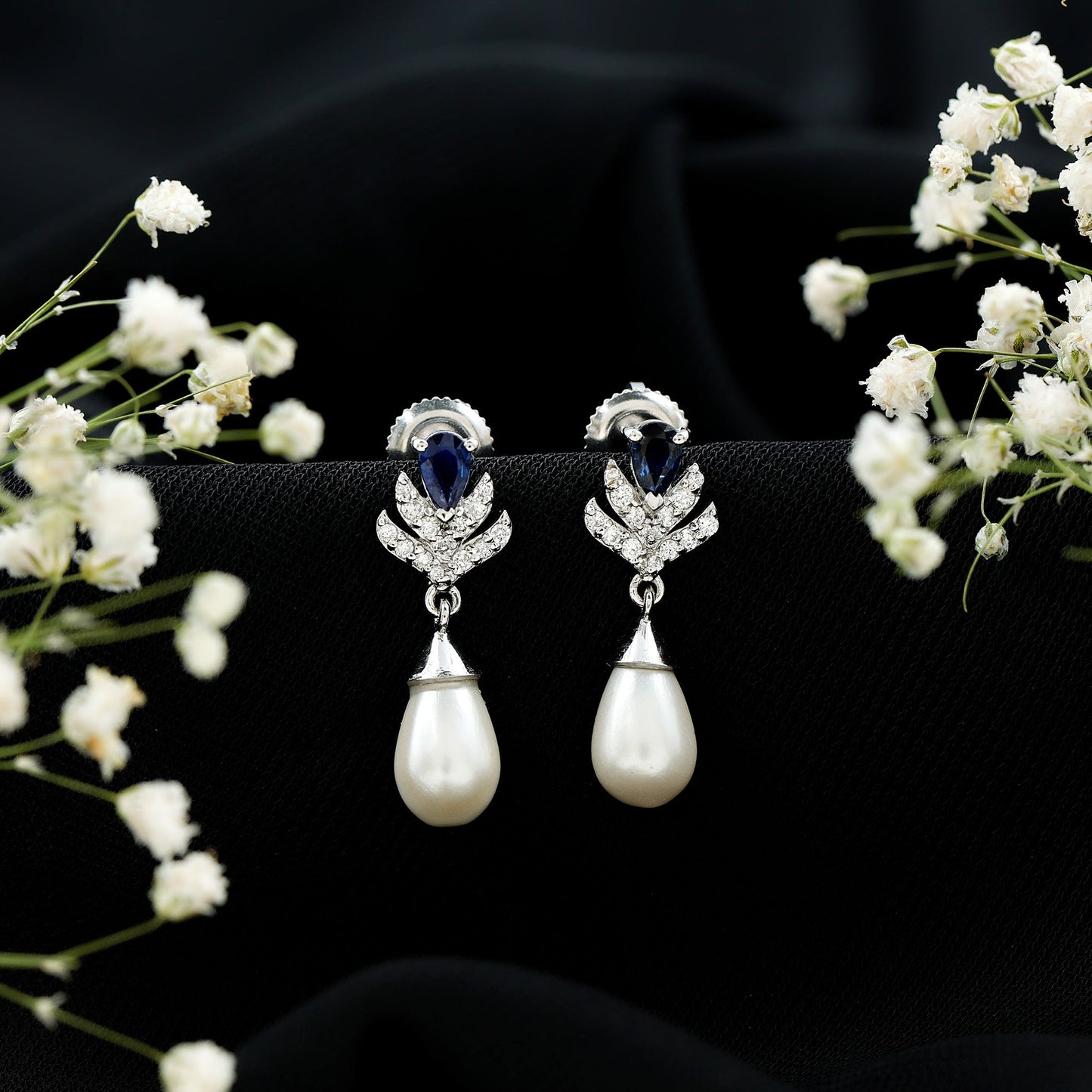 Freshwater Pearl and Blue Sapphire Teardrop Earrings with Moissanite