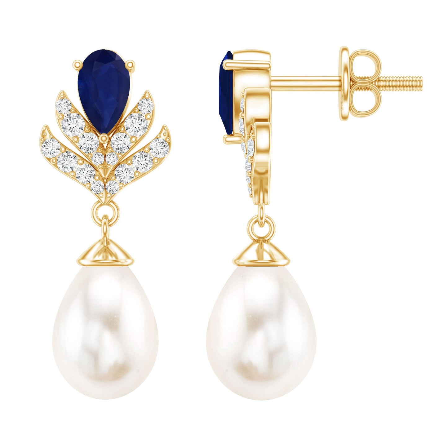 Freshwater Pearl and Blue Sapphire Teardrop Earrings with Moissanite