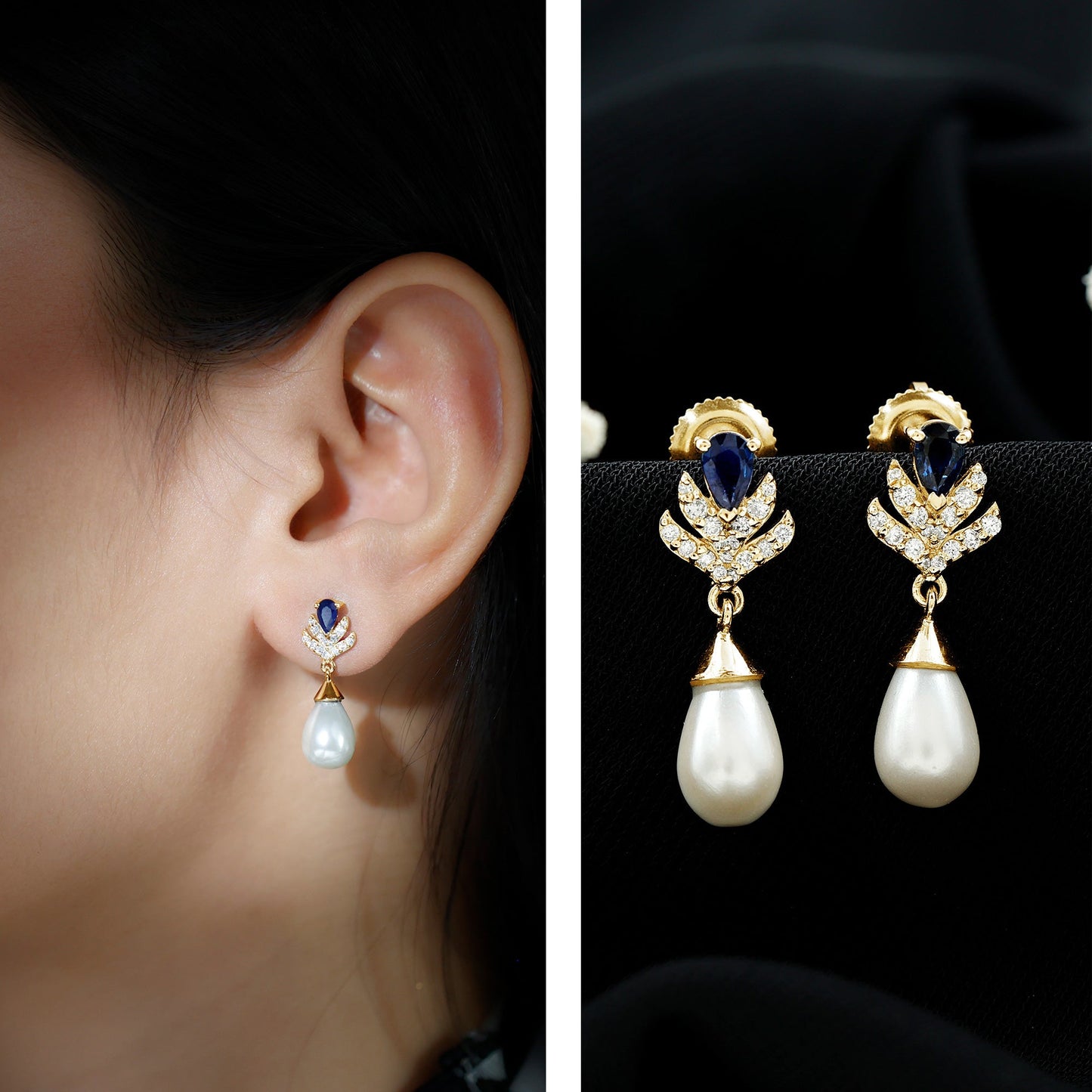 Freshwater Pearl and Blue Sapphire Teardrop Earrings with Moissanite