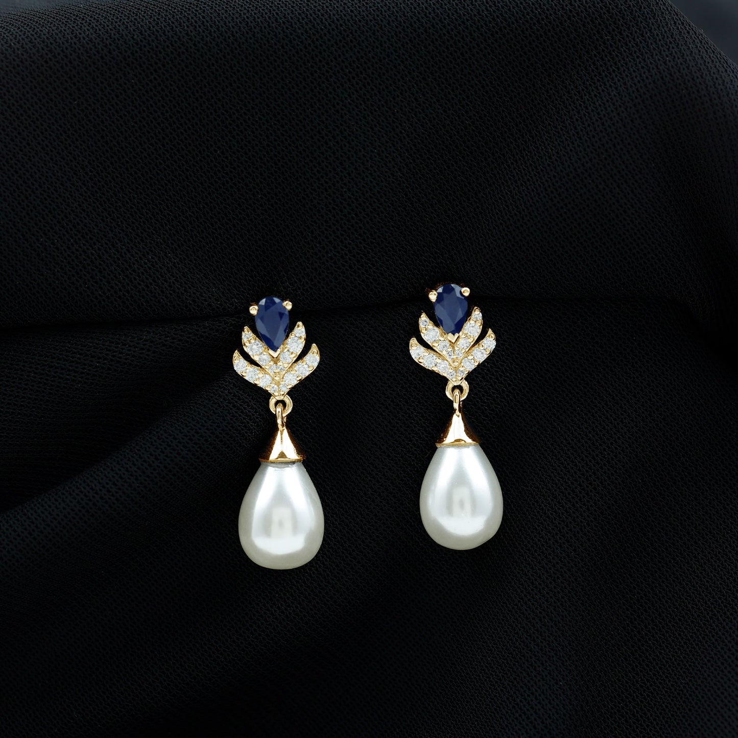Freshwater Pearl and Blue Sapphire Teardrop Earrings with Moissanite