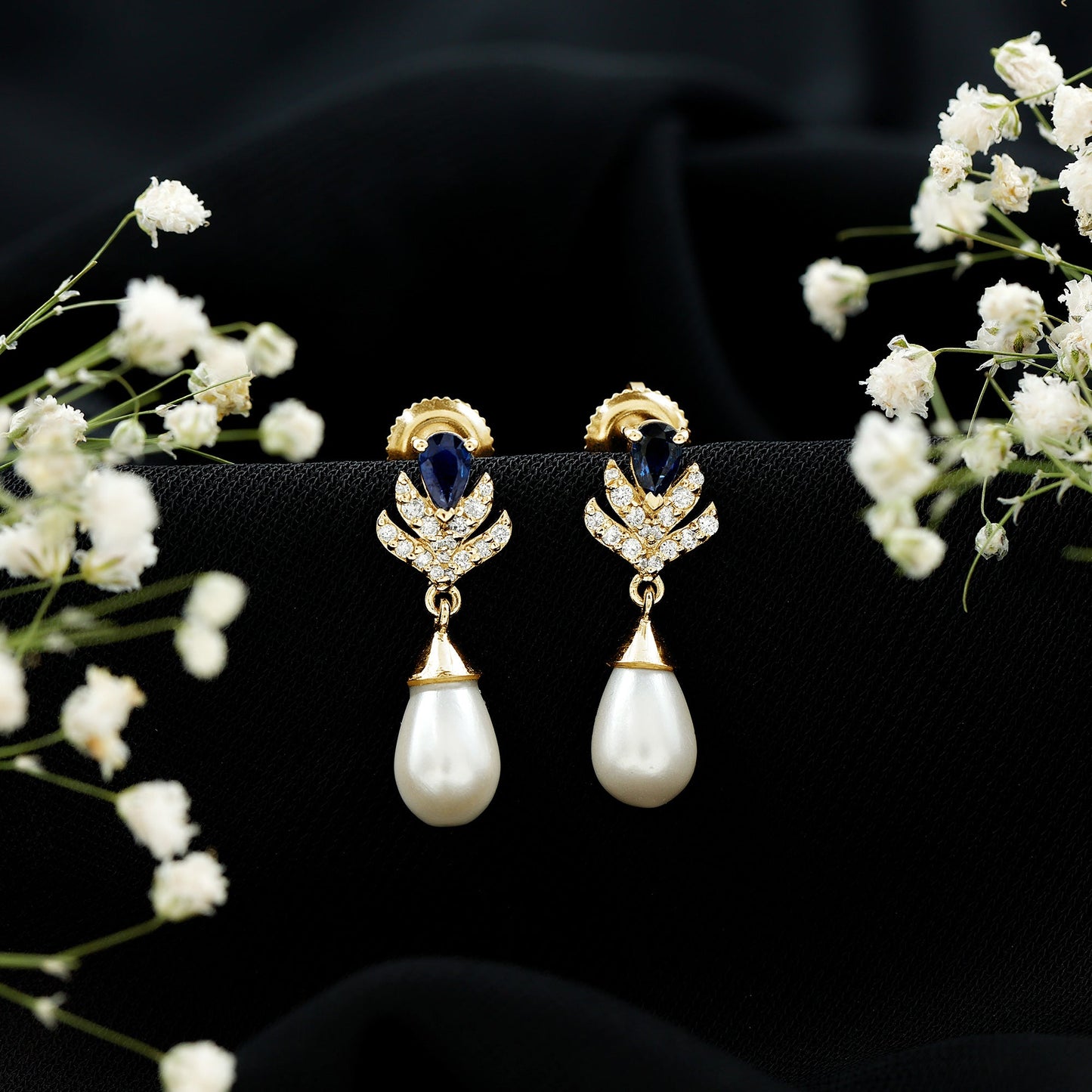 Freshwater Pearl and Blue Sapphire Teardrop Earrings with Moissanite