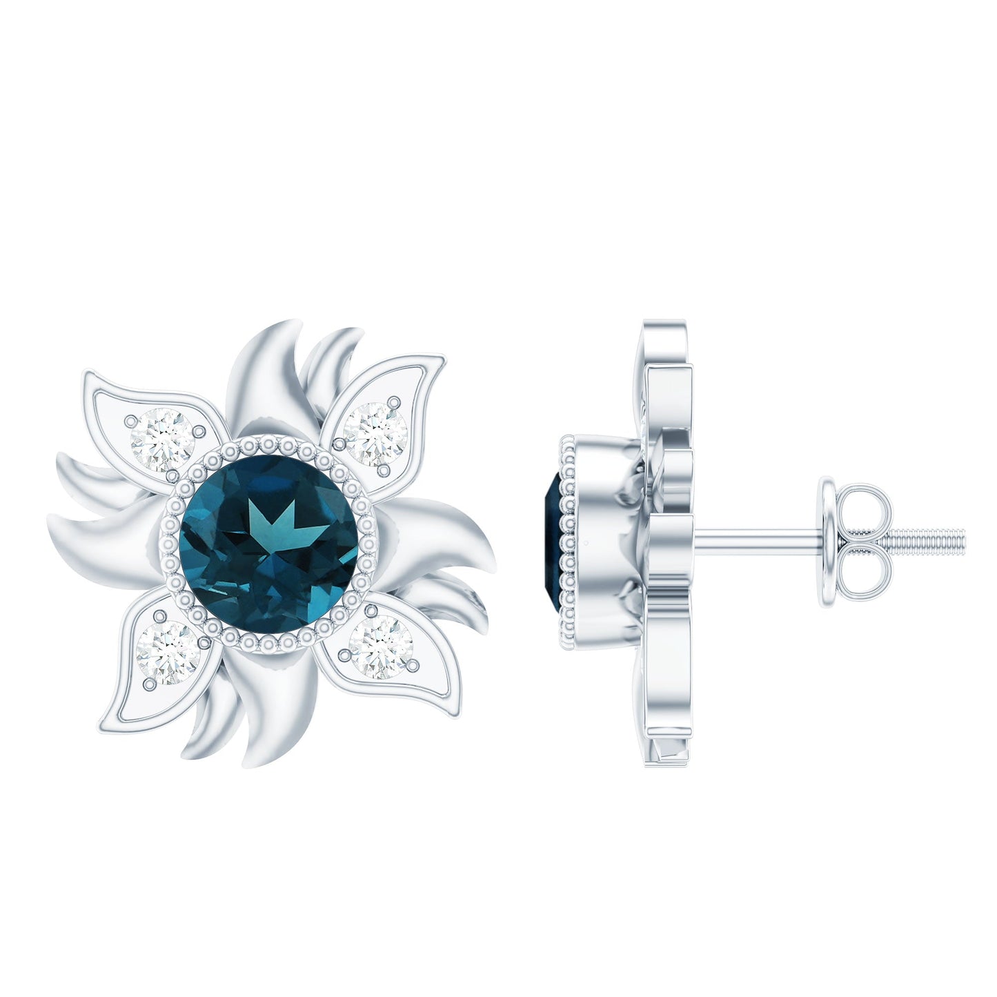London Blue Topaz and Diamond Flower Stud Earrings