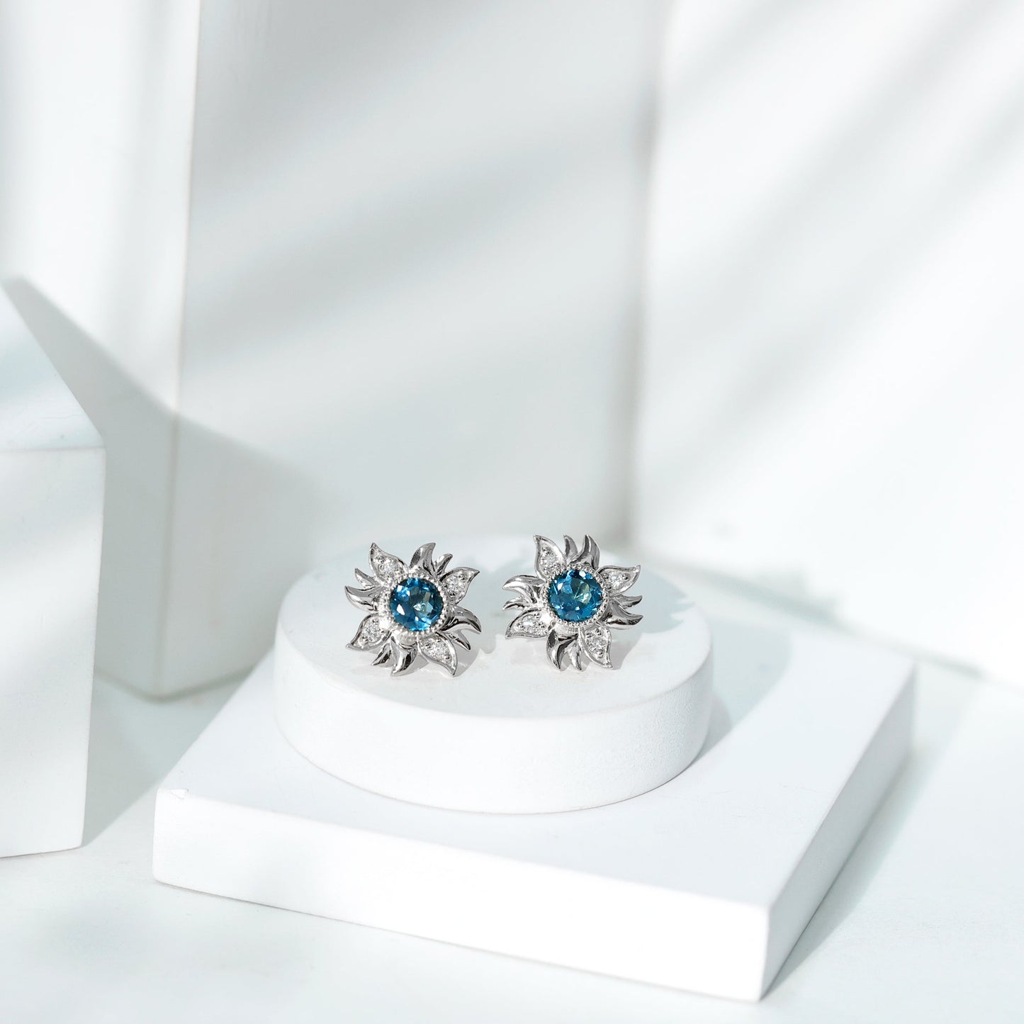 London Blue Topaz and Diamond Flower Stud Earrings