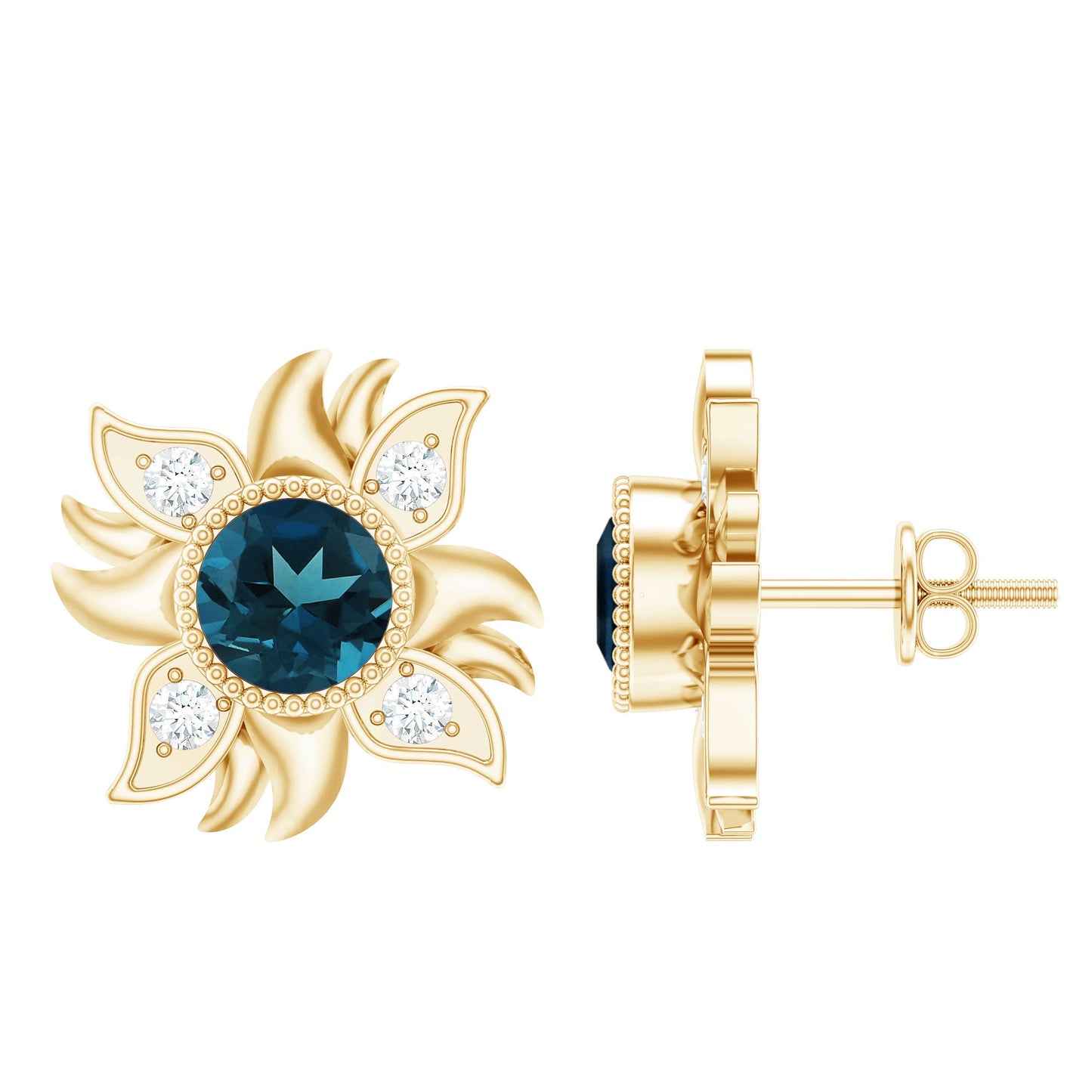 London Blue Topaz and Diamond Flower Stud Earrings