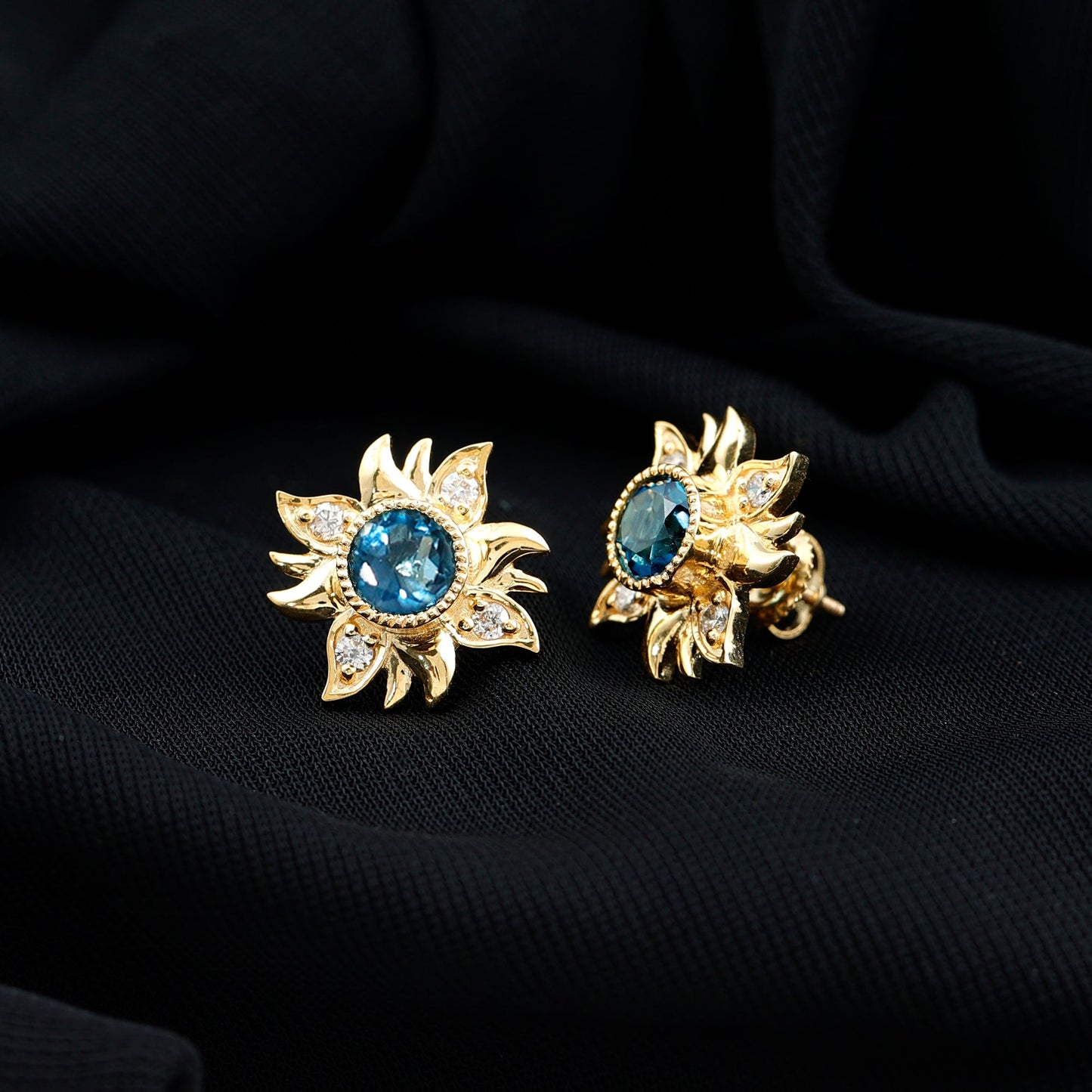 London Blue Topaz and Diamond Flower Stud Earrings