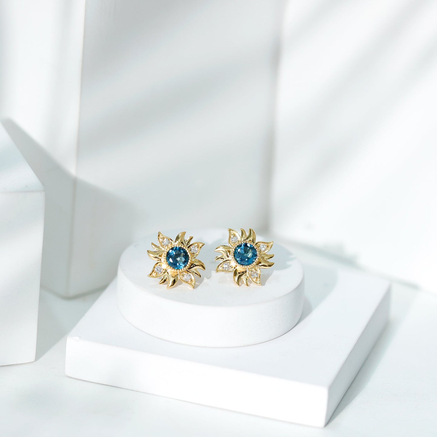 London Blue Topaz and Diamond Flower Stud Earrings