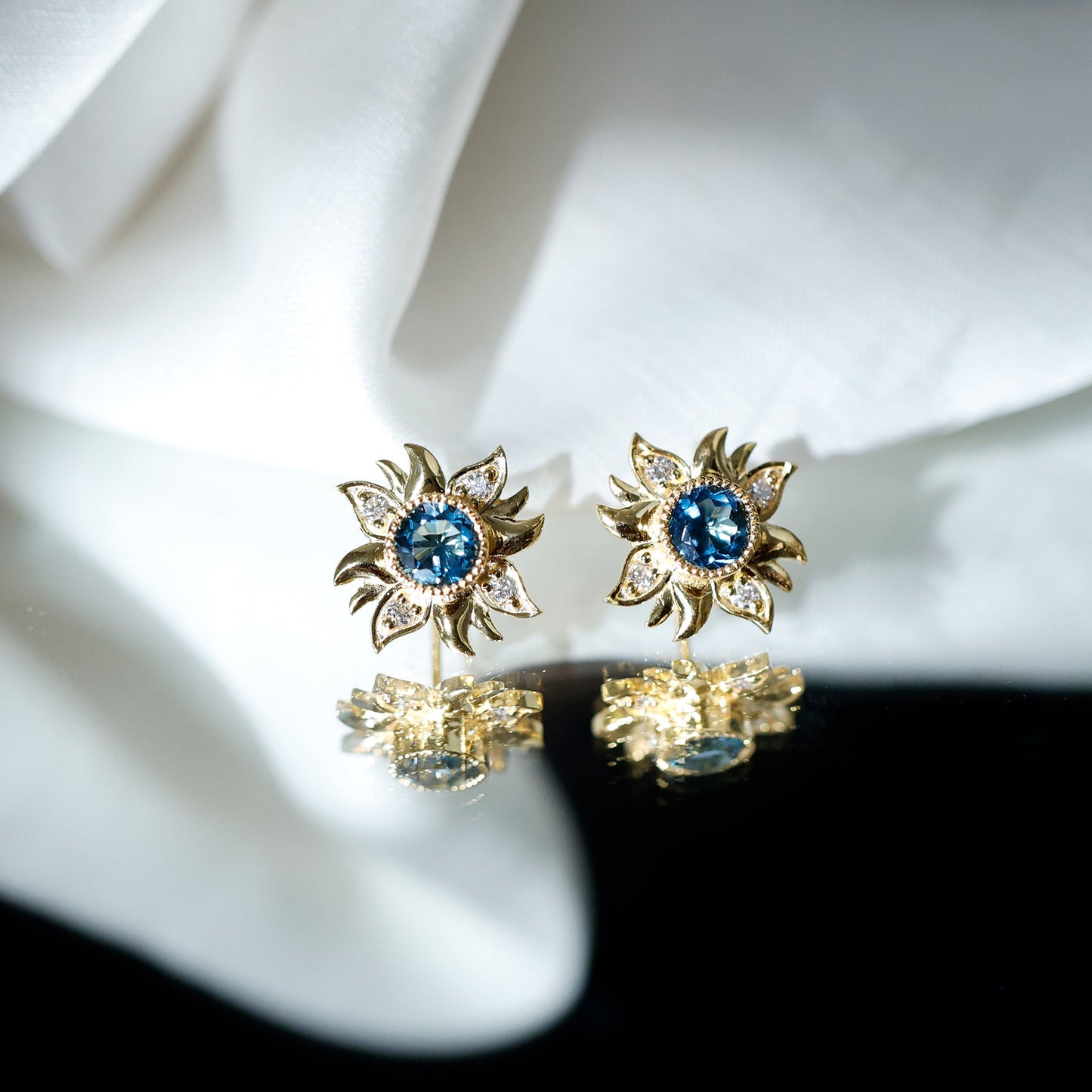 London Blue Topaz and Diamond Flower Stud Earrings