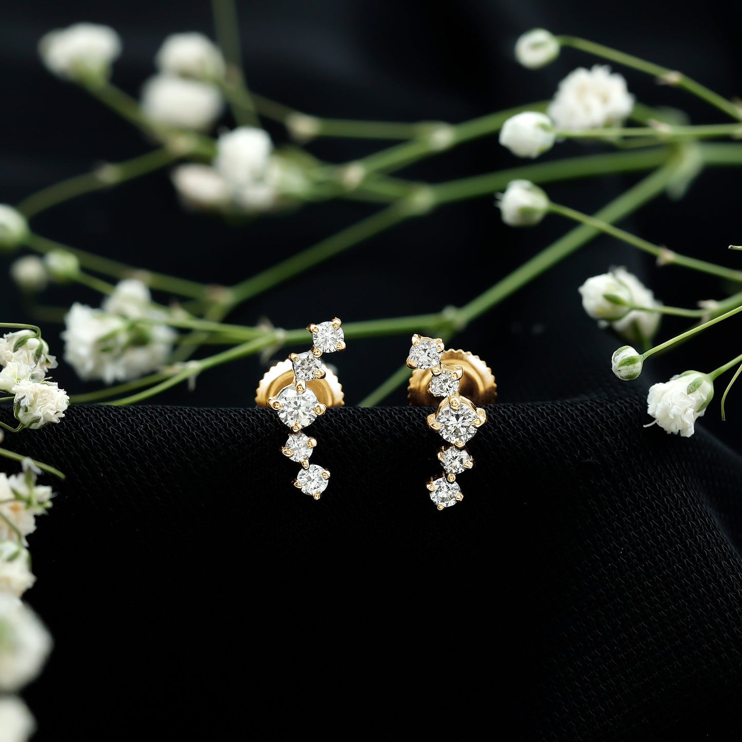 Round Diamond Curved Crawler Stud Earrings with Screw Backs