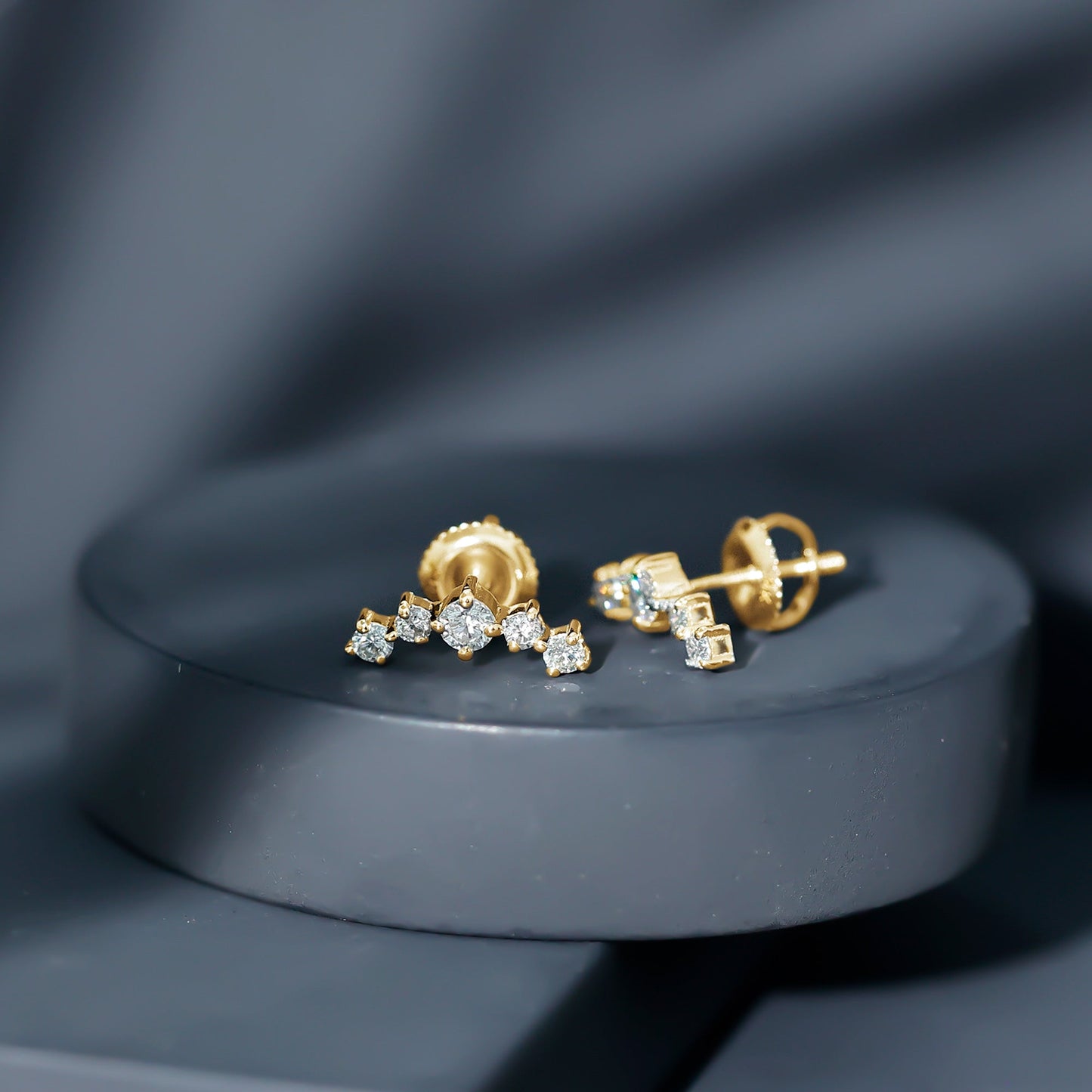 Round Diamond Curved Crawler Stud Earrings with Screw Backs