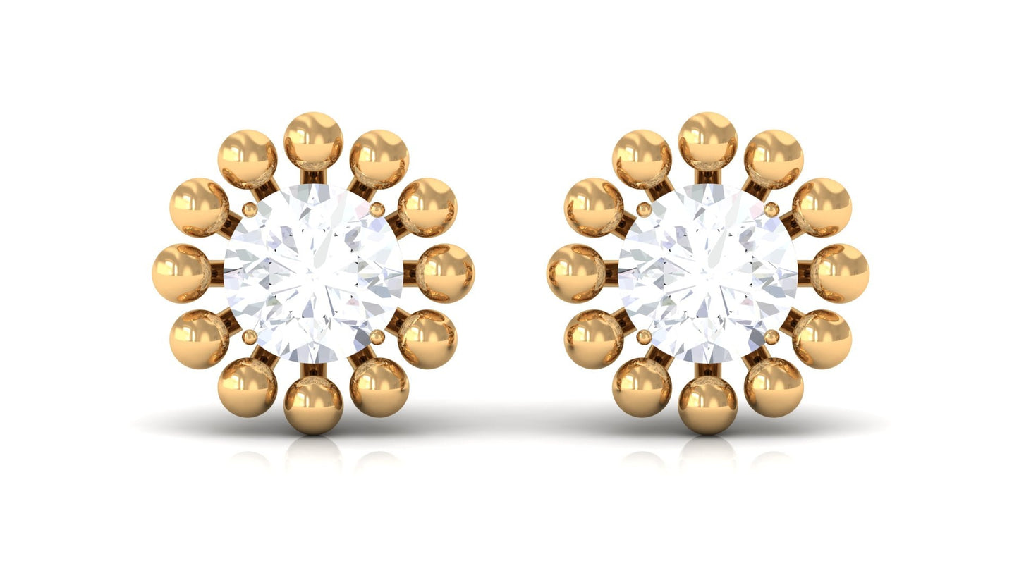 Natural Diamond Solitaire Stud Earrings with Beaded Detailing
