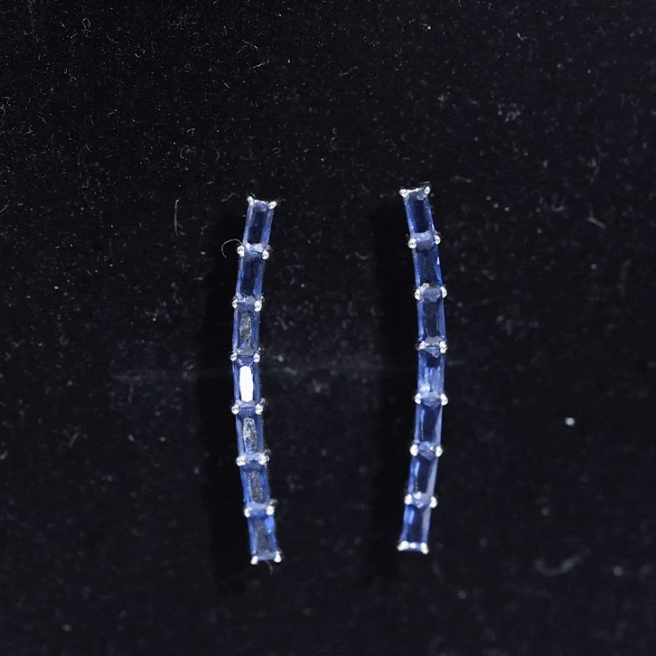 Baguette Cut Lab Grown Blue Sapphire Climber Earrings