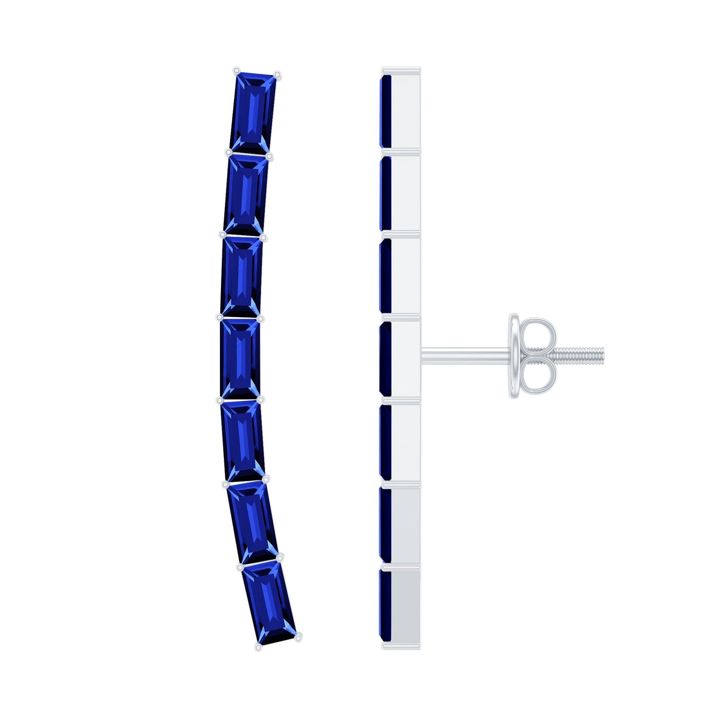 Baguette Cut Lab Grown Blue Sapphire Climber Earrings