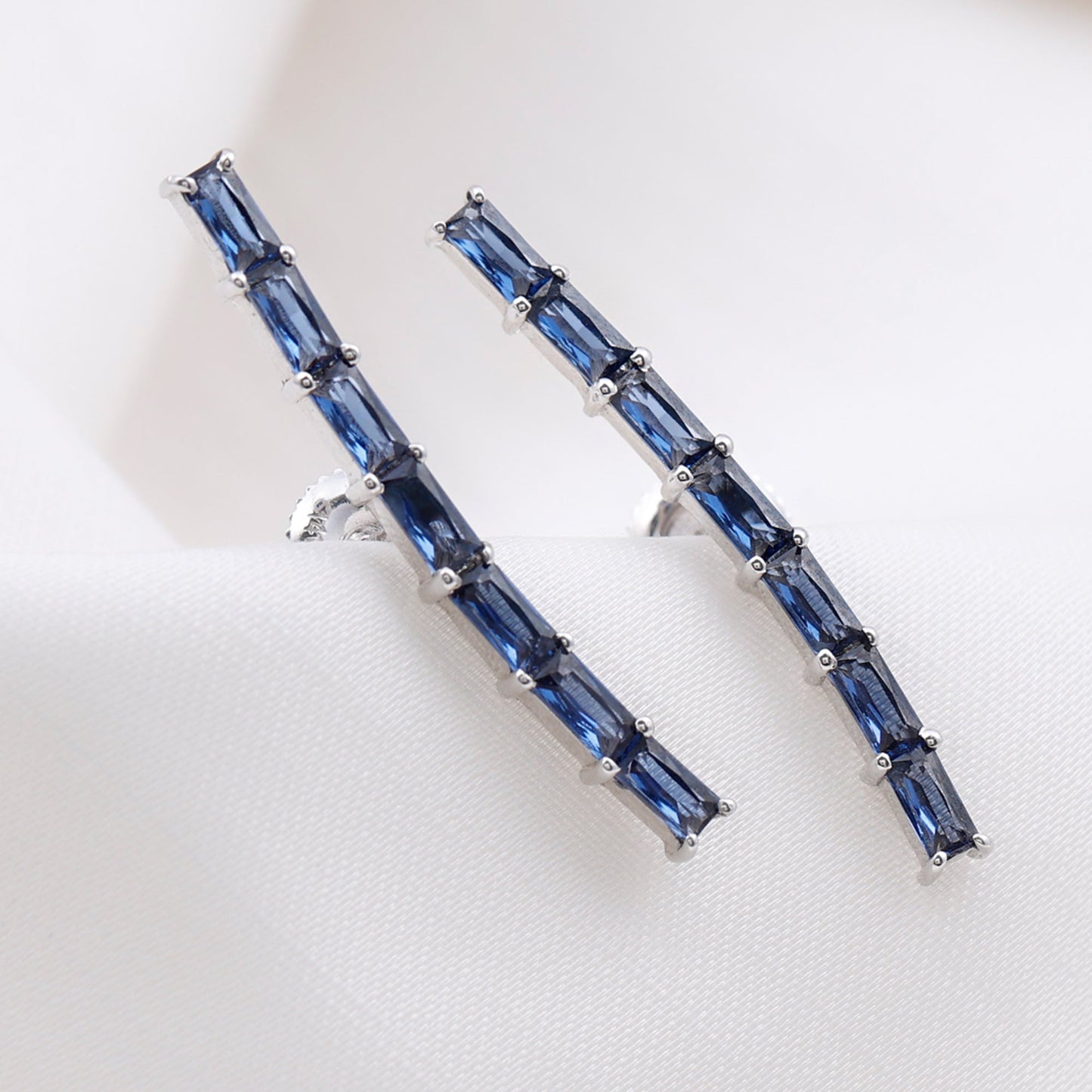 Baguette Cut Lab Grown Blue Sapphire Climber Earrings
