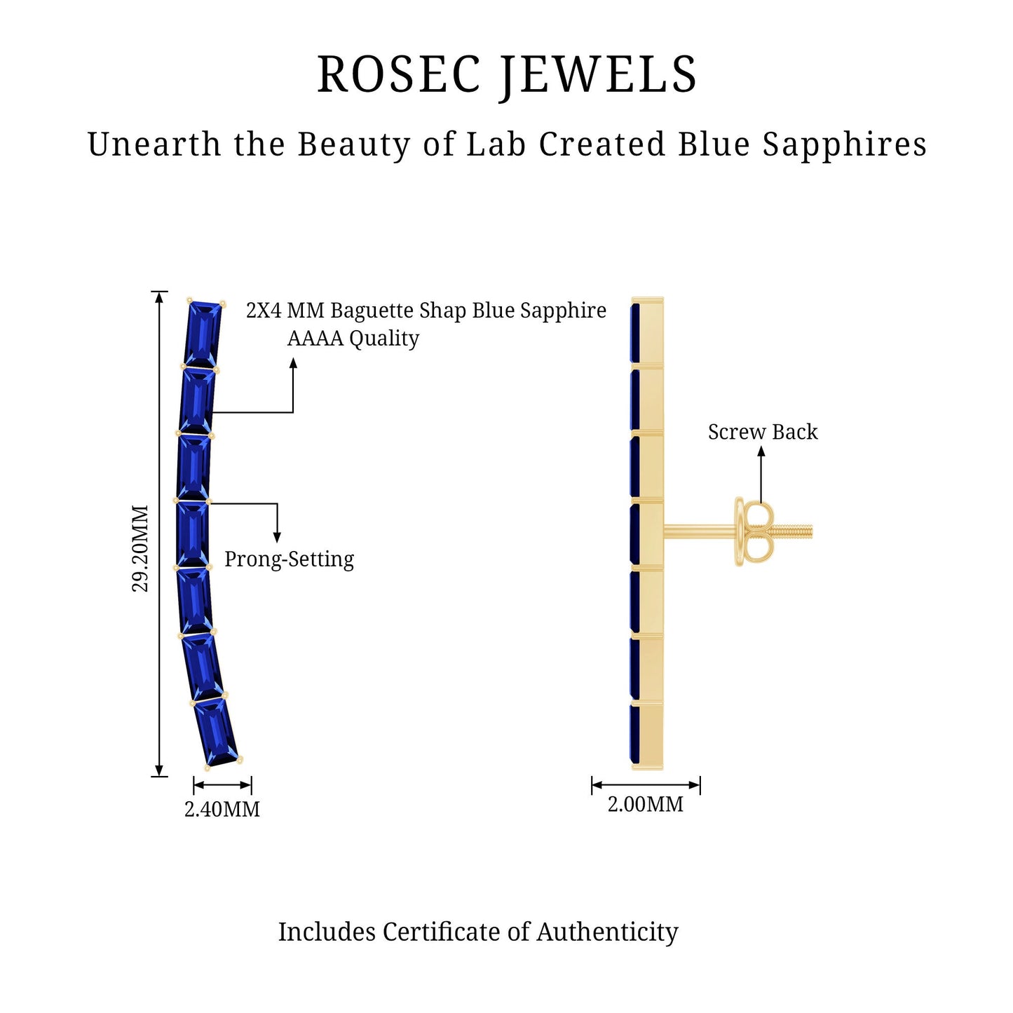 Baguette Cut Lab Grown Blue Sapphire Climber Earrings