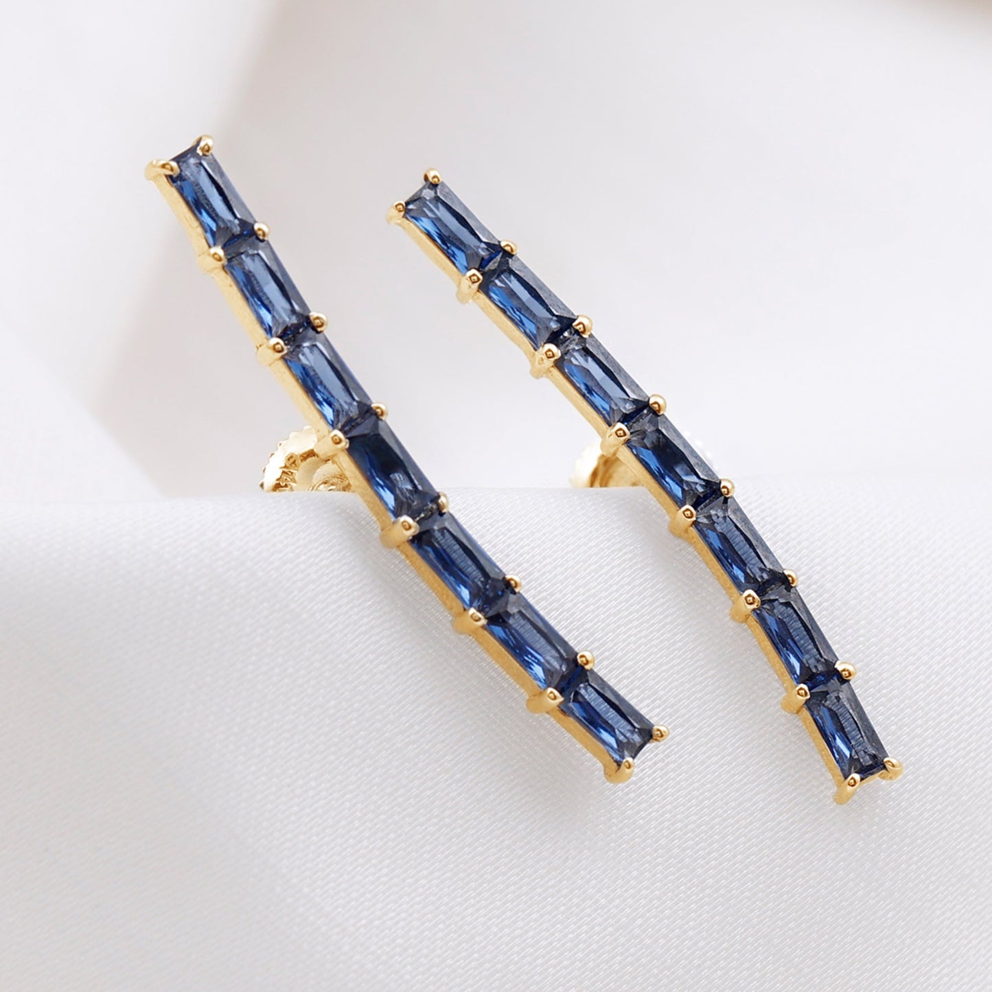 Baguette Cut Lab Grown Blue Sapphire Climber Earrings