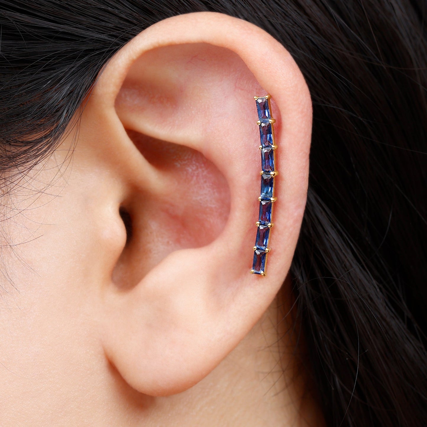 Baguette Cut Lab Grown Blue Sapphire Climber Earrings