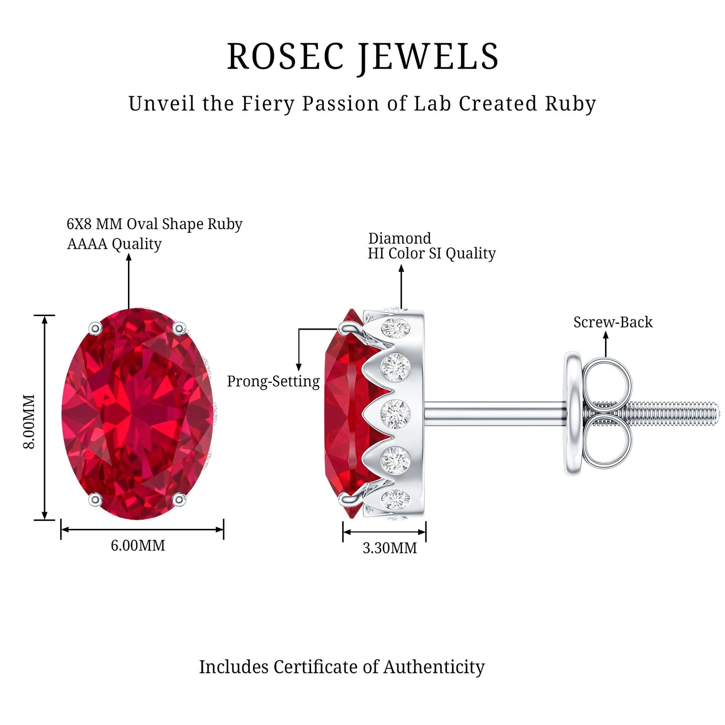 3 CT Oval Lab-Created Ruby Bridal Stud Earrings with Diamond