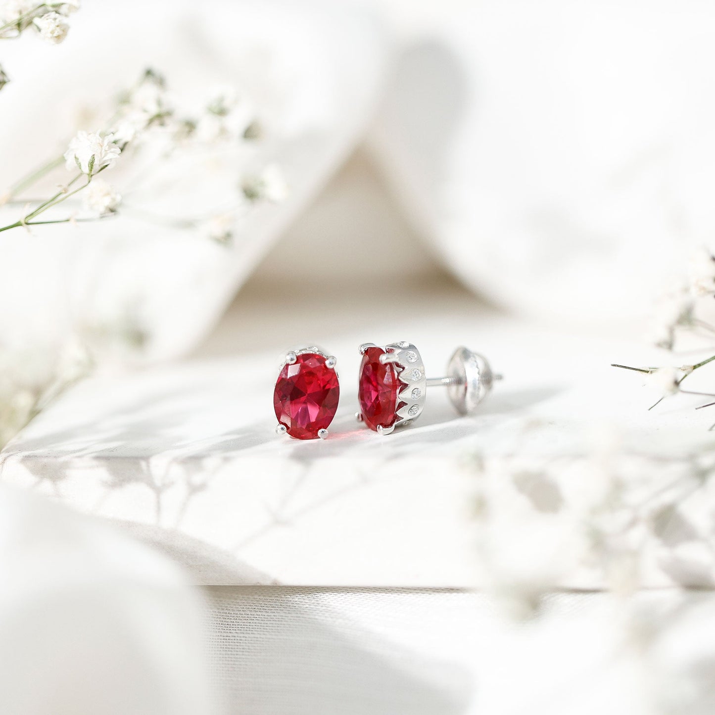 3 CT Oval Lab-Created Ruby Bridal Stud Earrings with Diamond