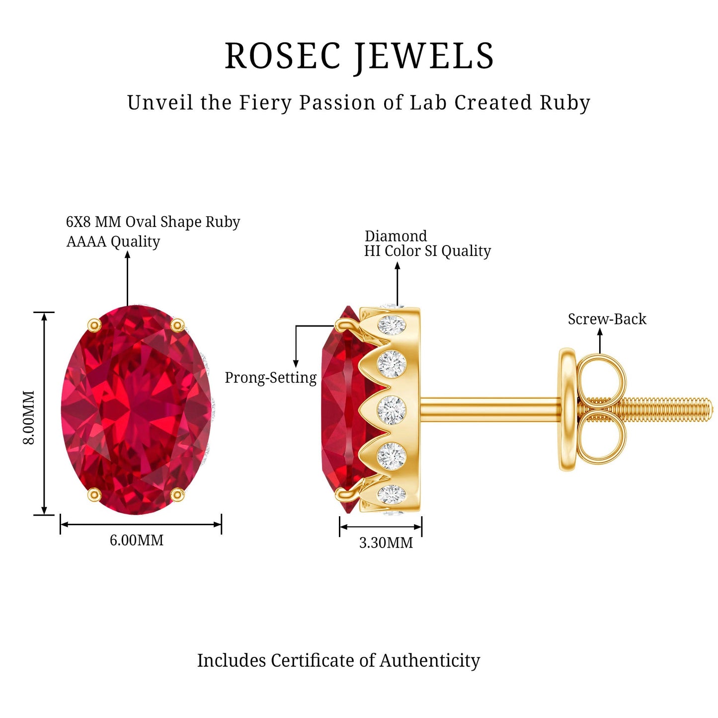 3 CT Oval Lab-Created Ruby Bridal Stud Earrings with Diamond