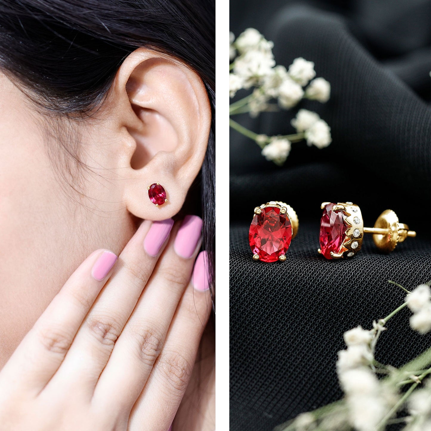 3 CT Oval Lab-Created Ruby Bridal Stud Earrings with Diamond