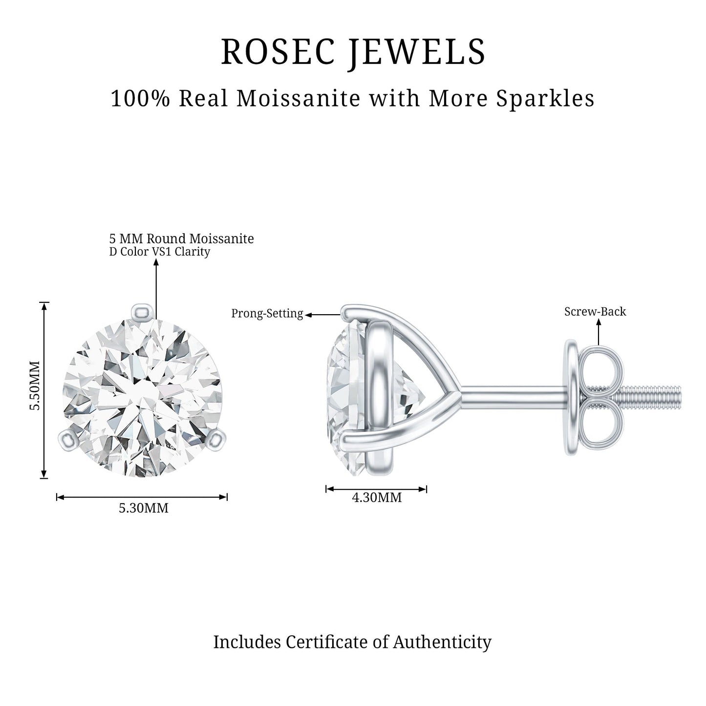 1 Carat Certified Moissanite Martini Stud Earrings