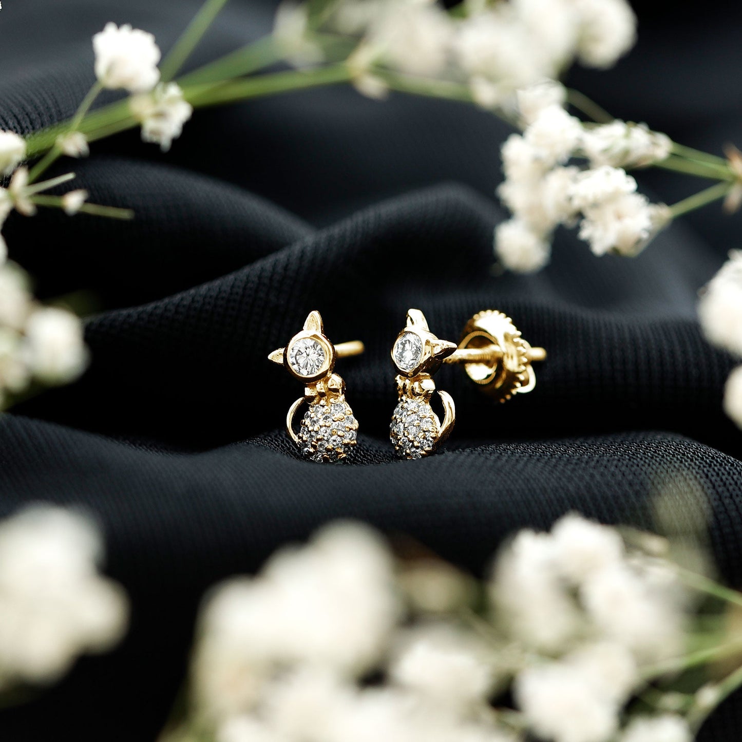 Certified Diamond Cat Kitty Earrings