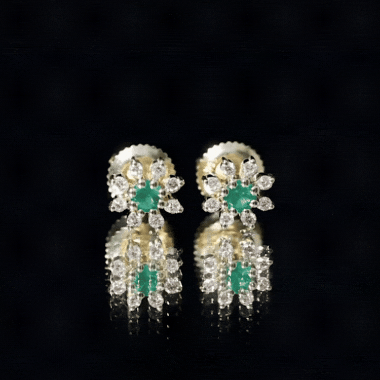 Natural Emerald and Diamond Floral Stud Earrings