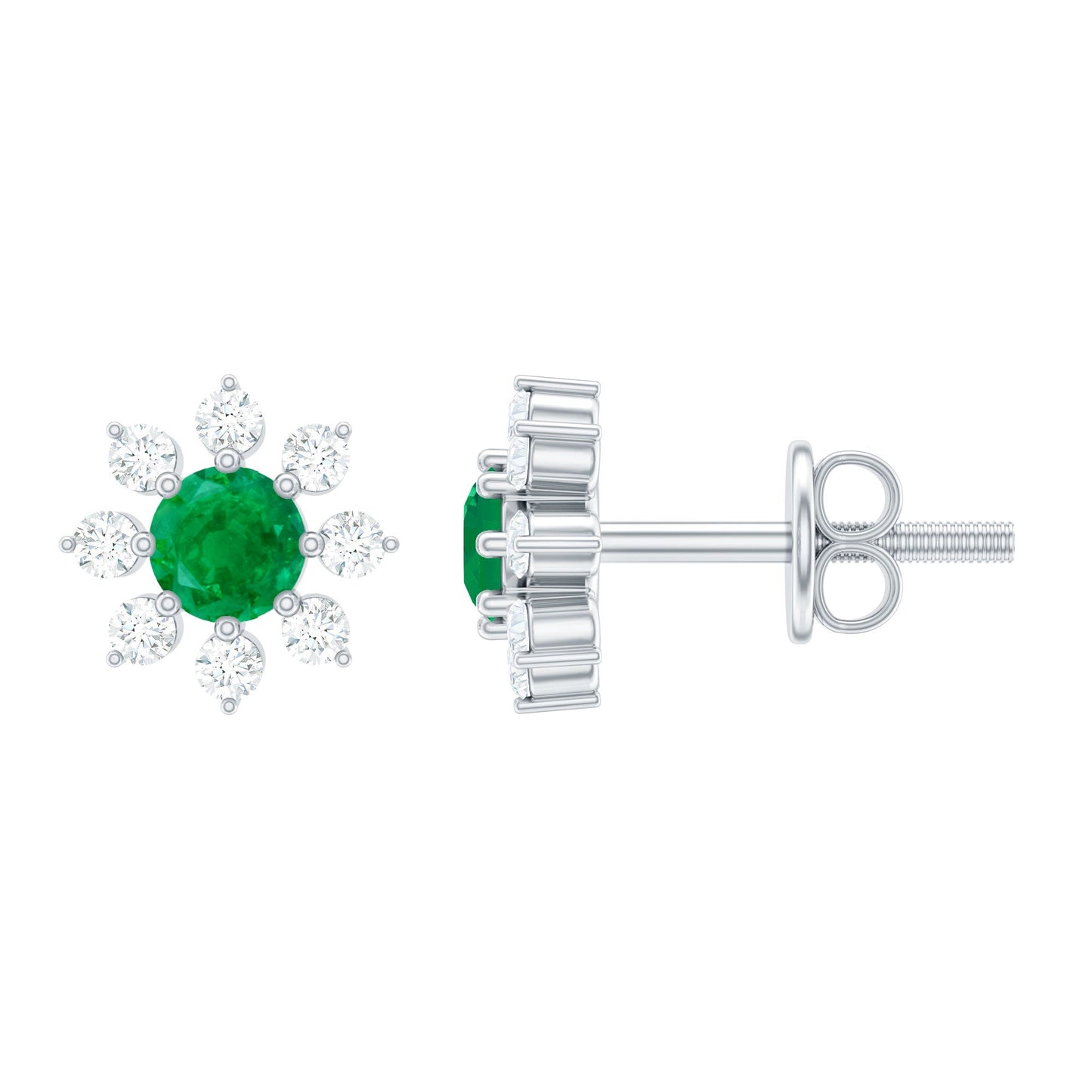 Natural Emerald and Diamond Floral Stud Earrings