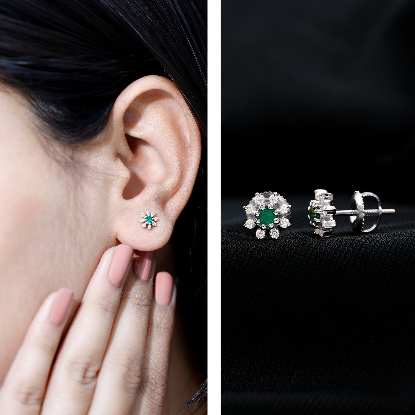 Natural Emerald and Diamond Floral Stud Earrings