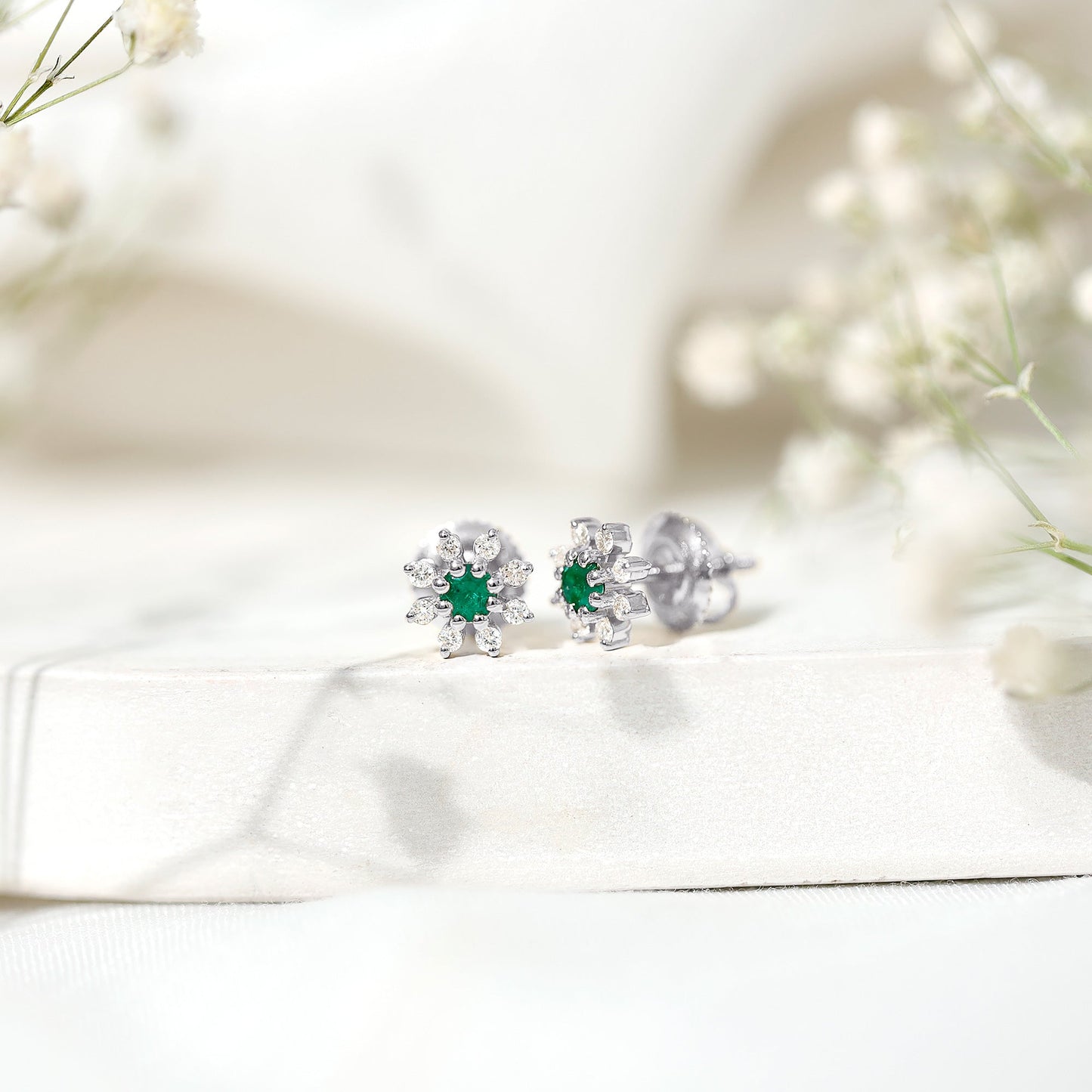 Natural Emerald and Diamond Floral Stud Earrings