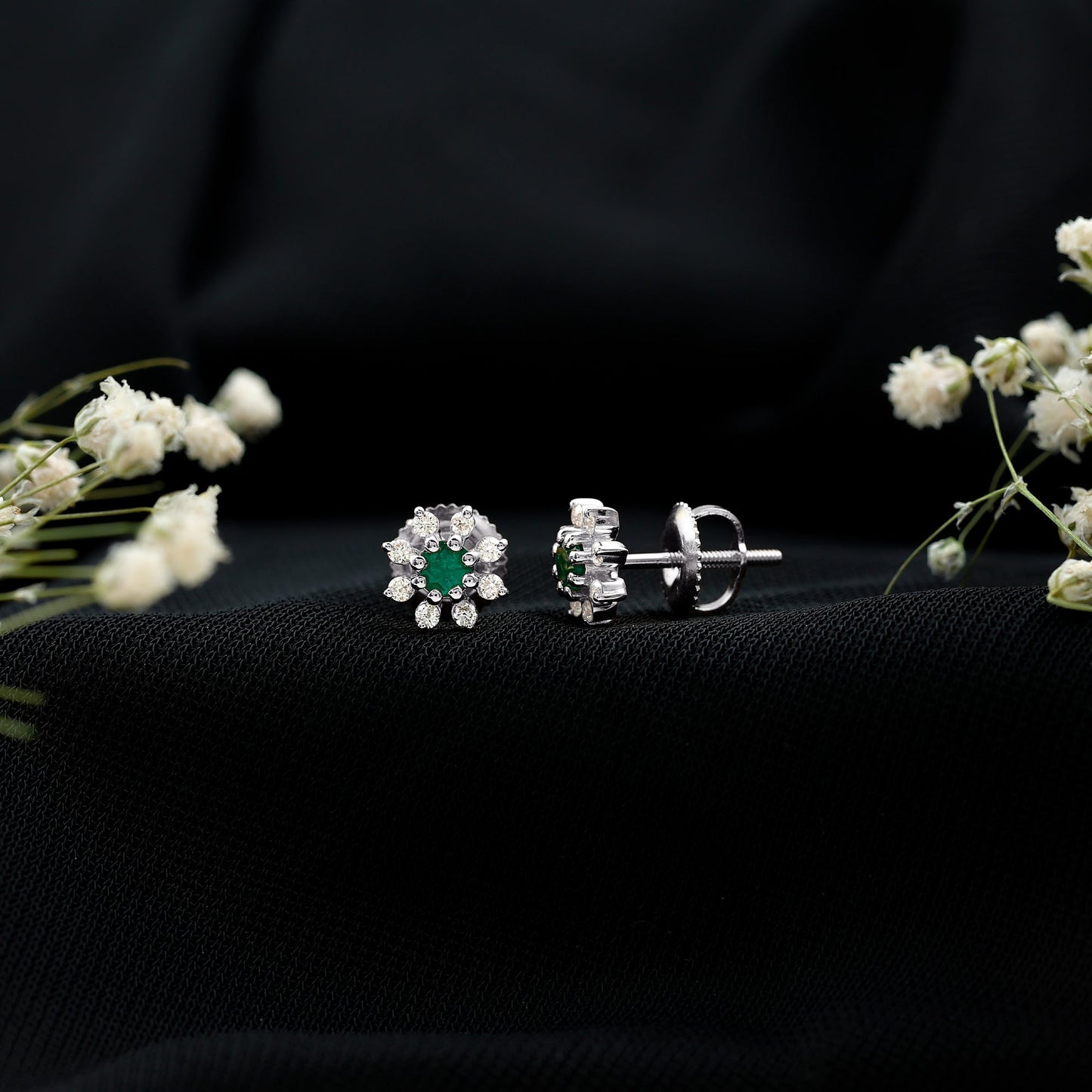 Natural Emerald and Diamond Floral Stud Earrings