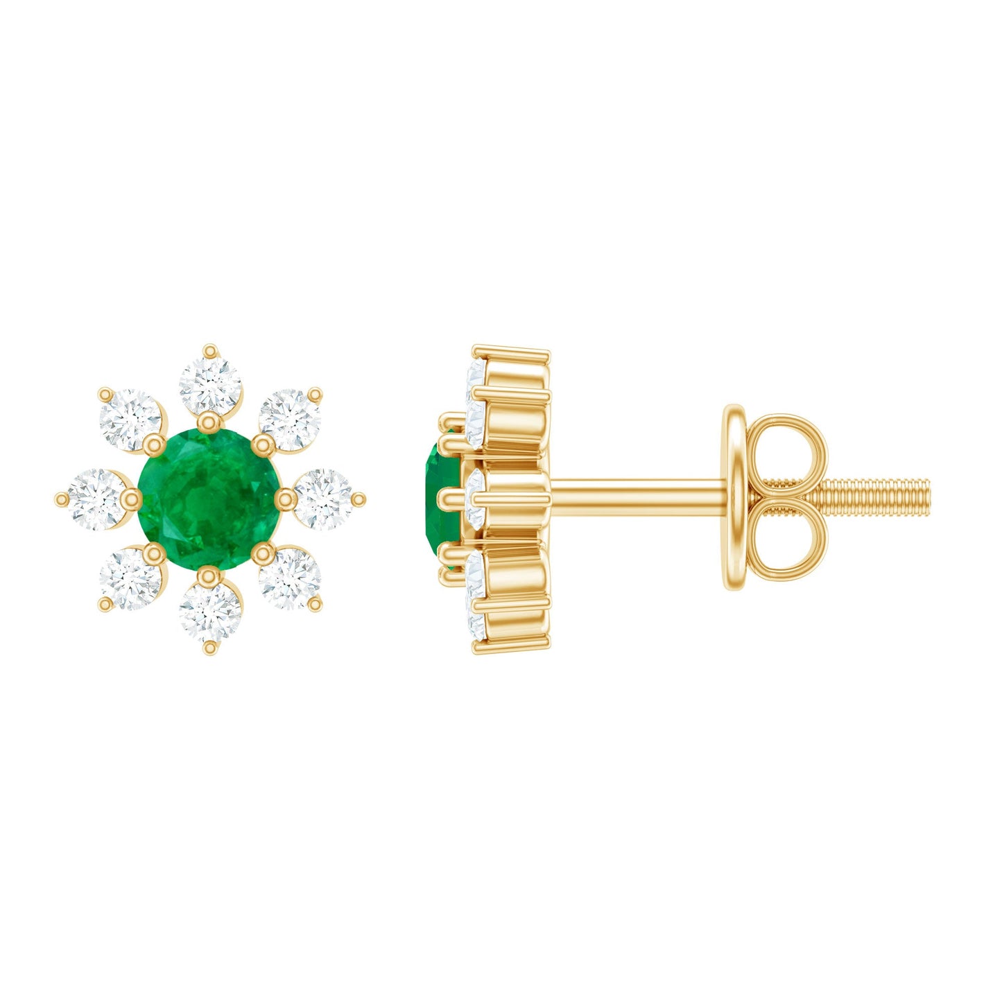 Natural Emerald and Diamond Floral Stud Earrings