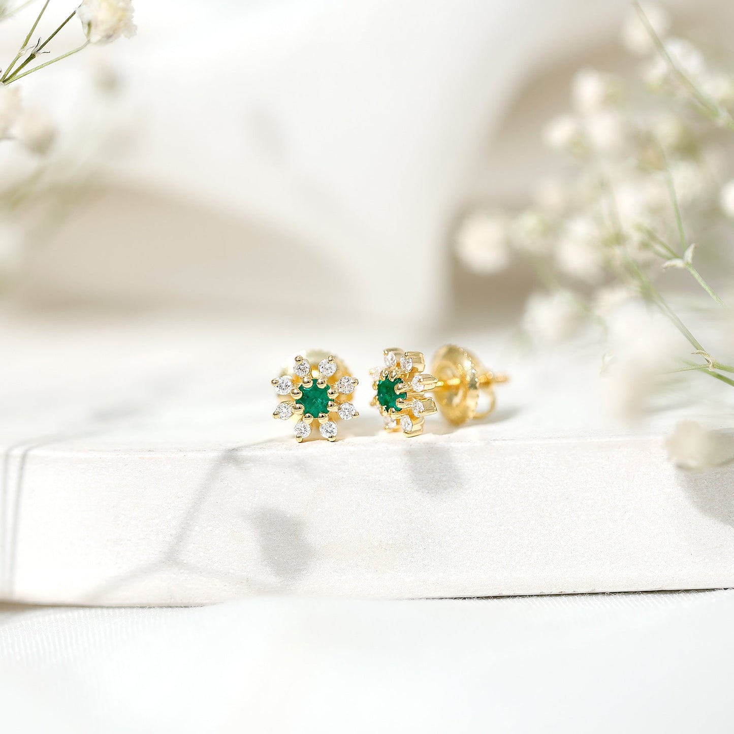 Natural Emerald and Diamond Floral Stud Earrings