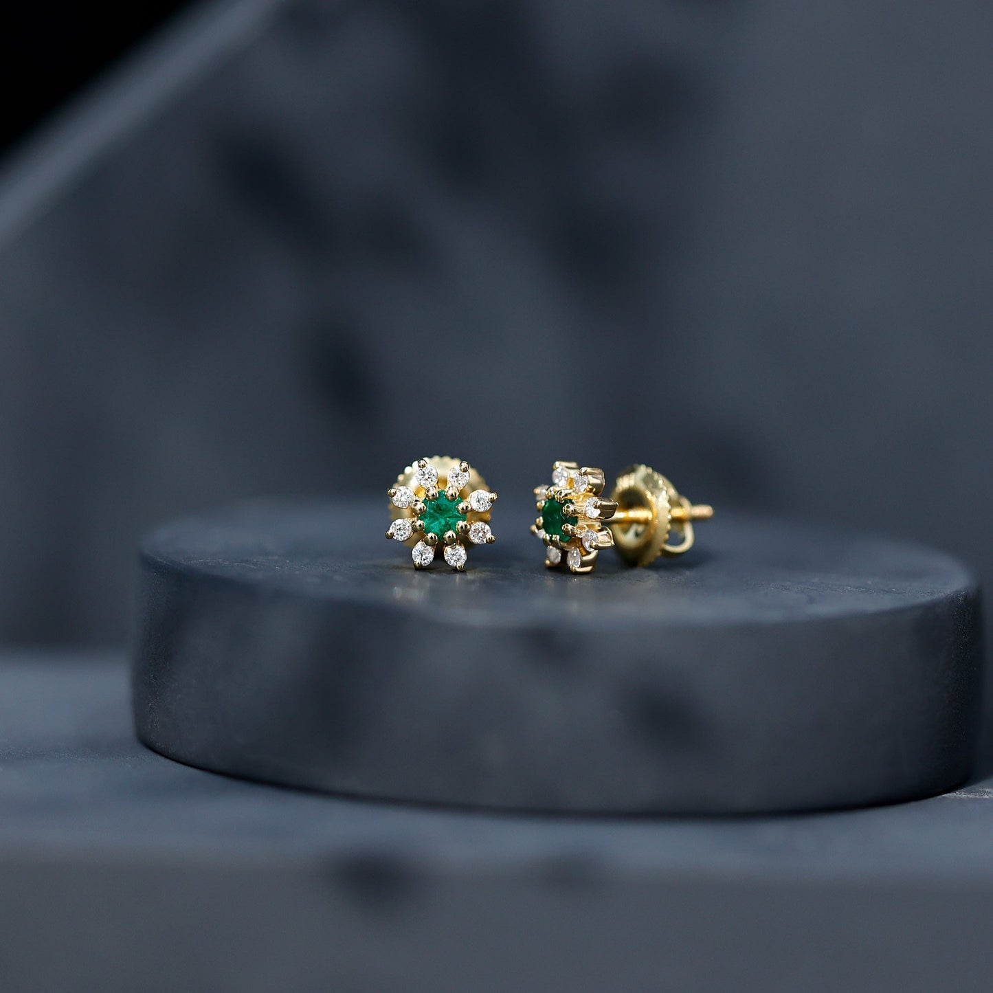 Natural Emerald and Diamond Floral Stud Earrings