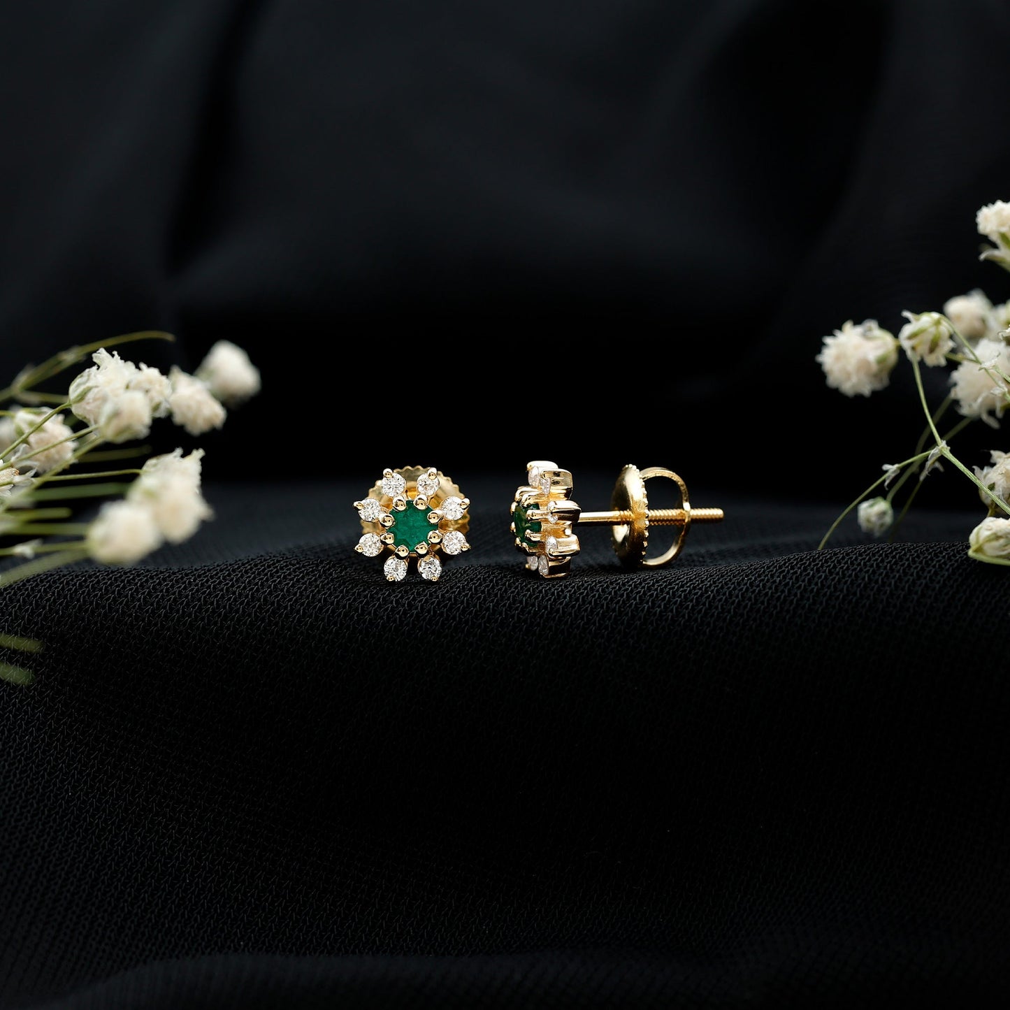 Natural Emerald and Diamond Floral Stud Earrings