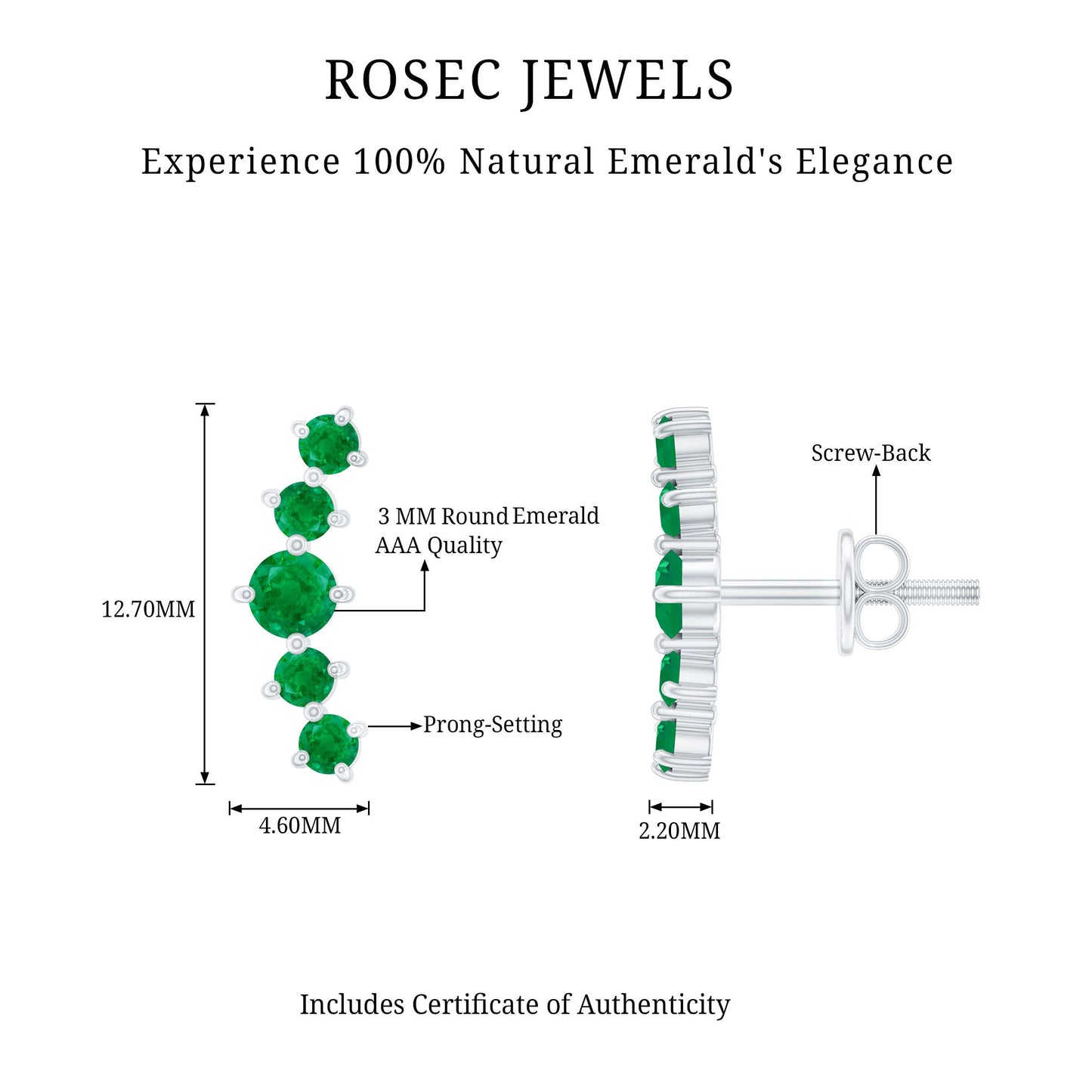 Graduated Natural Emerald Ear Climber Earrings for Women