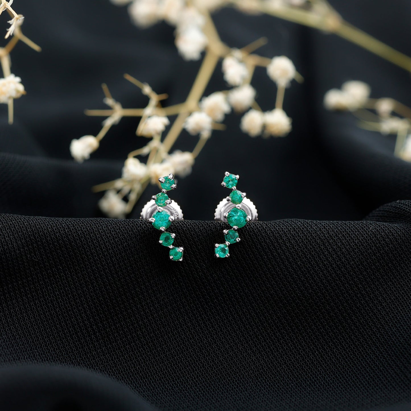 Graduated Natural Emerald Ear Climber Earrings for Women