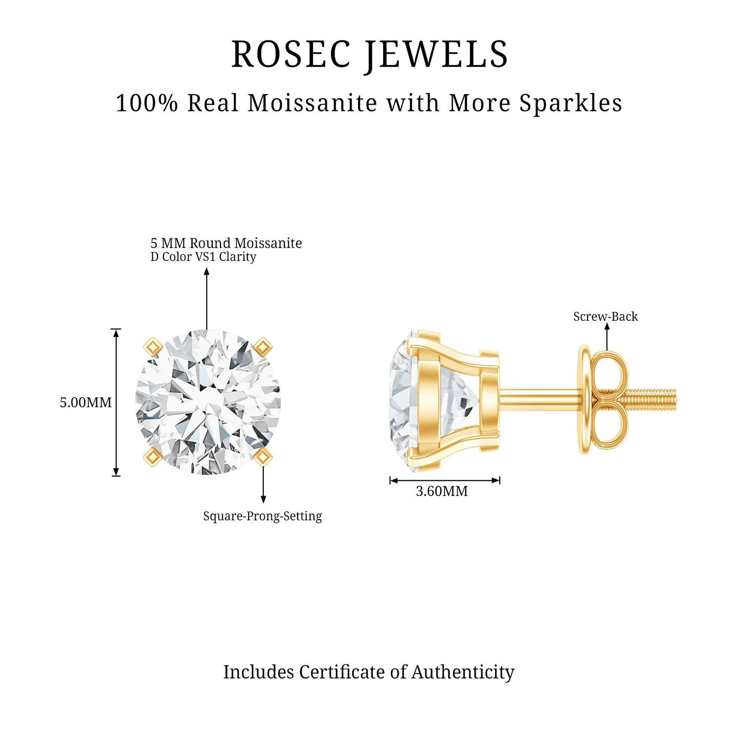 1 Carat Round Shape Solitaire Moissanite Stud Earrings