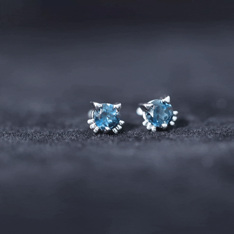 1.2 Carat Round Shape London Blue Topaz Cat Stud Earrings