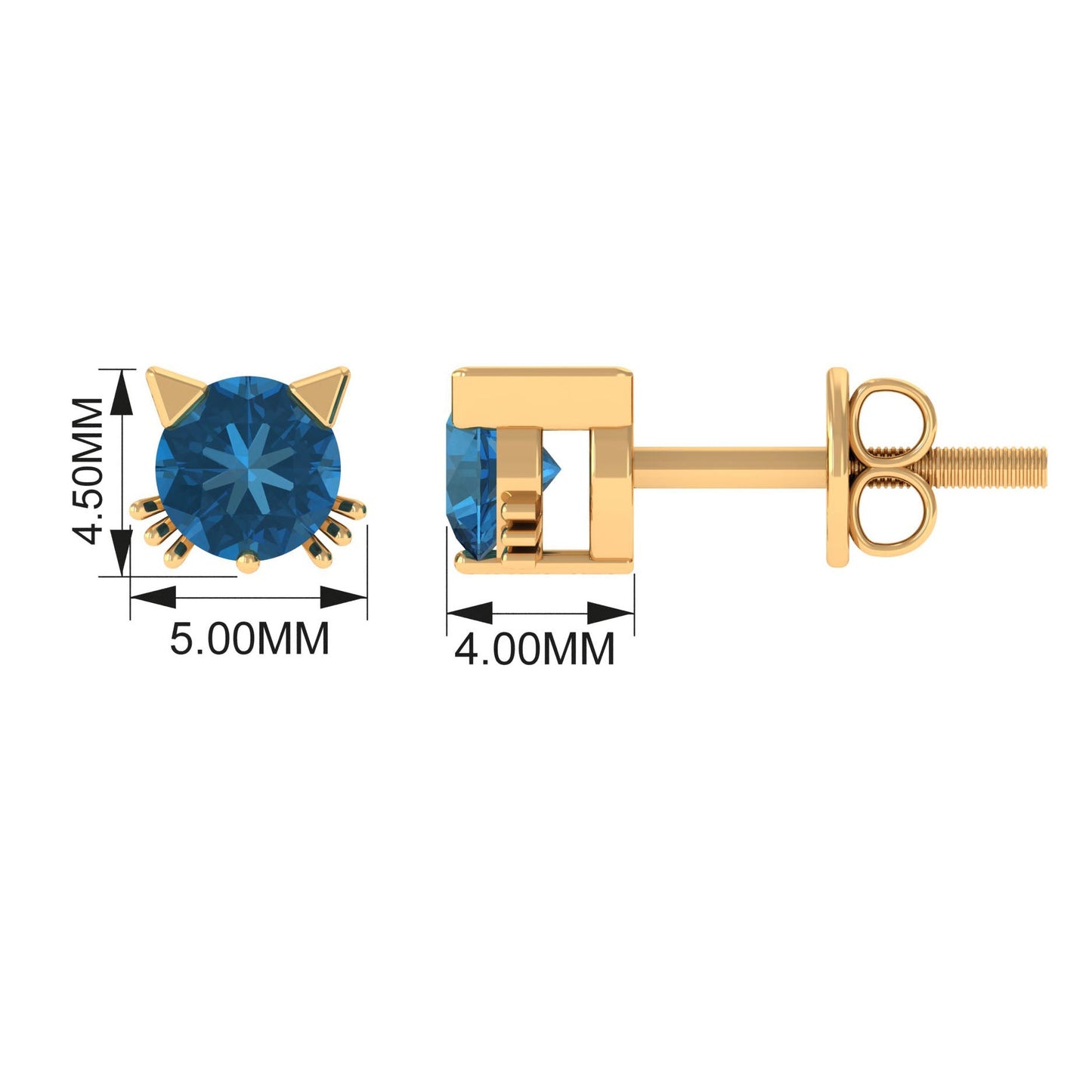 1.2 Carat Round Shape London Blue Topaz Cat Stud Earrings